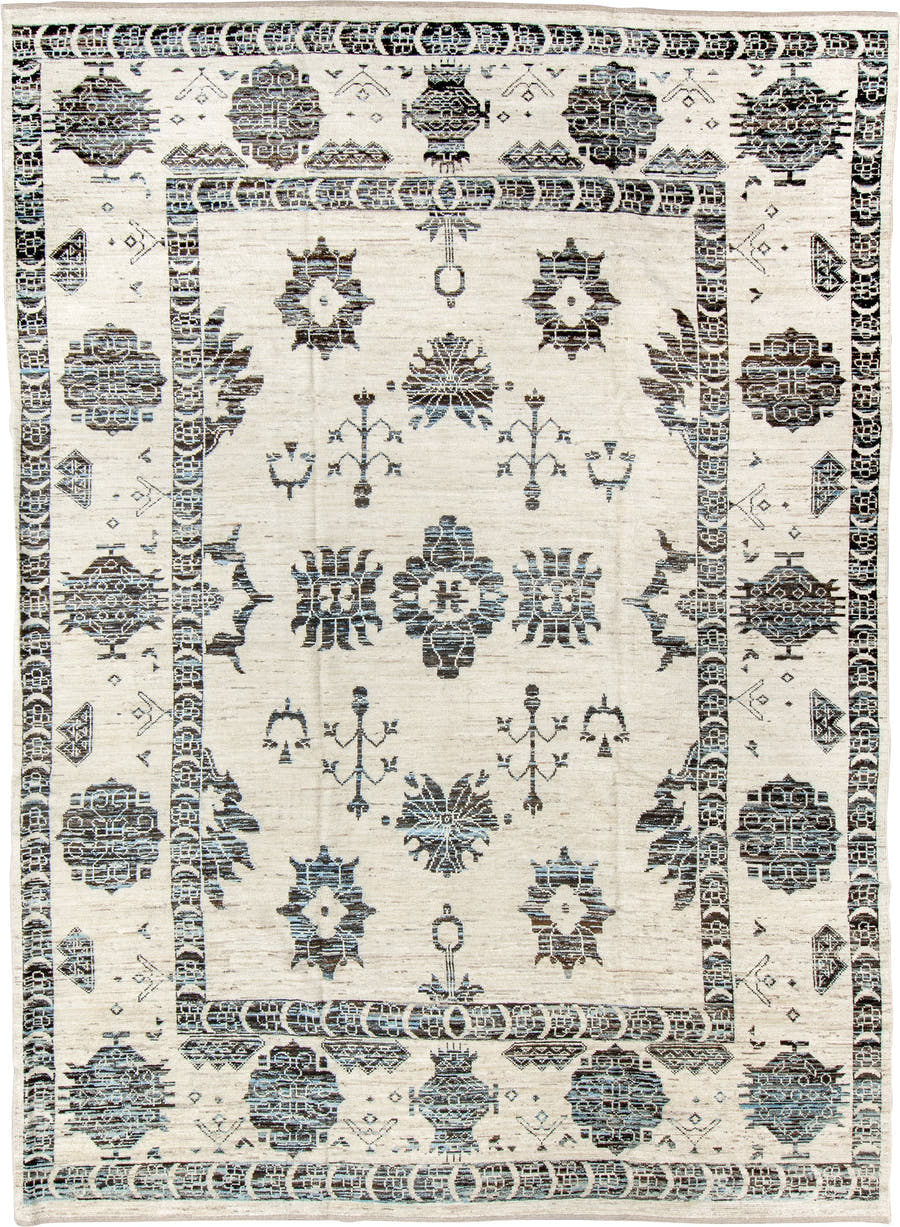 9' x 12' one-of-a-kind handmade vintage Tulu large size rug. Color palette: ivory, charcoal, slate, taupe, cream, gray