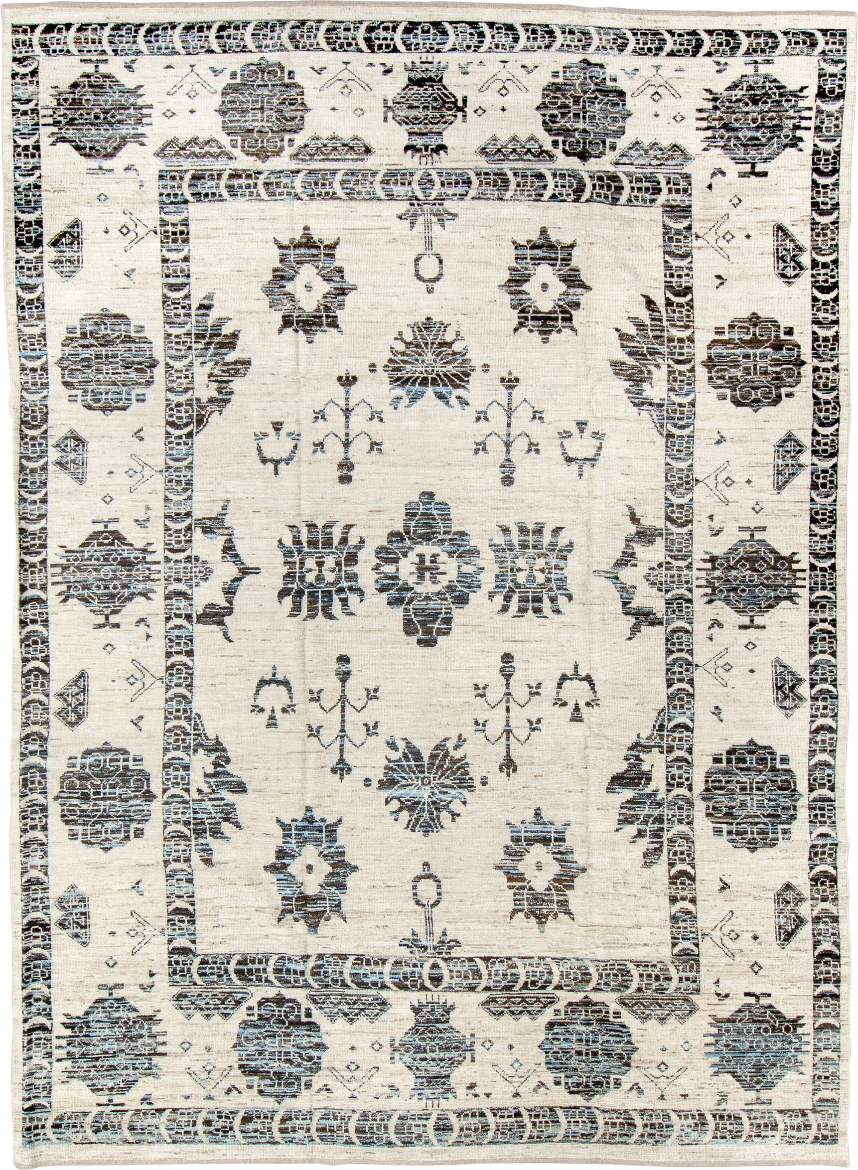 9' x 12' one-of-a-kind handmade vintage Tulu large size rug. Color palette: ivory, charcoal, slate, taupe, cream, gray