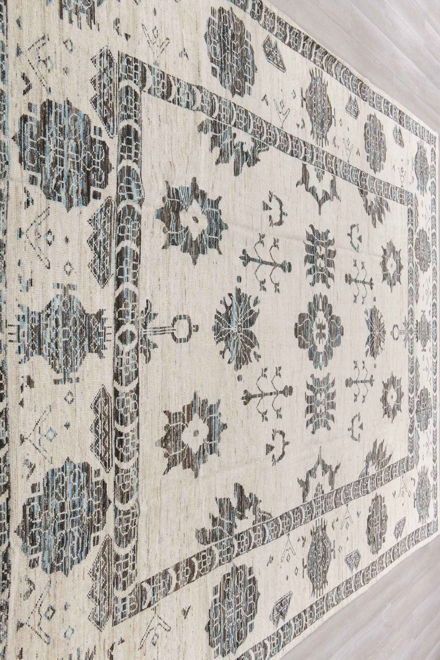 9' x 12' one-of-a-kind handmade vintage Tulu large size rug. Color palette: ivory, charcoal, slate, taupe, cream, gray