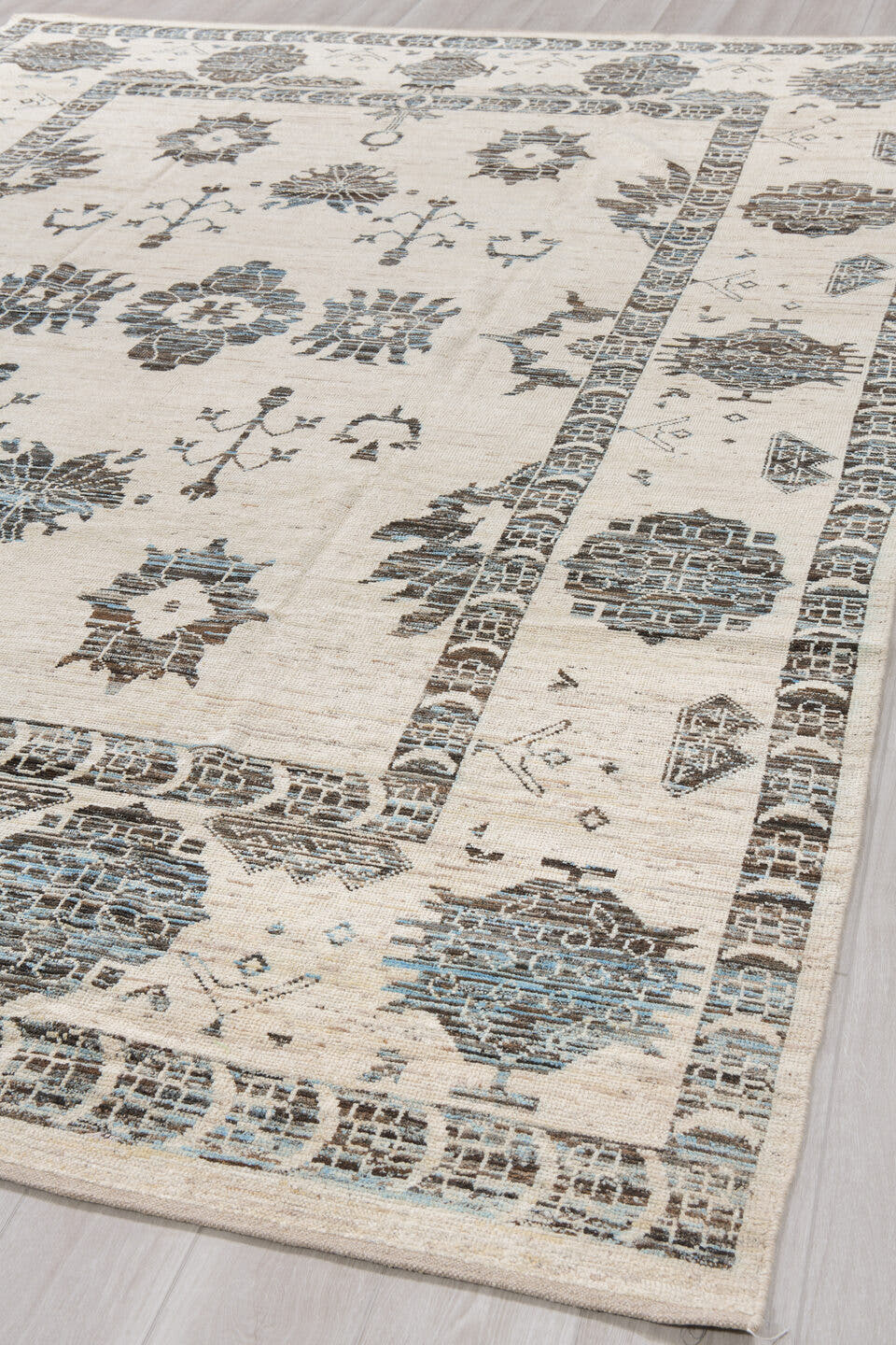 9' x 12' one-of-a-kind handmade vintage Tulu large size rug. Color palette: ivory, charcoal, slate, taupe, cream, gray