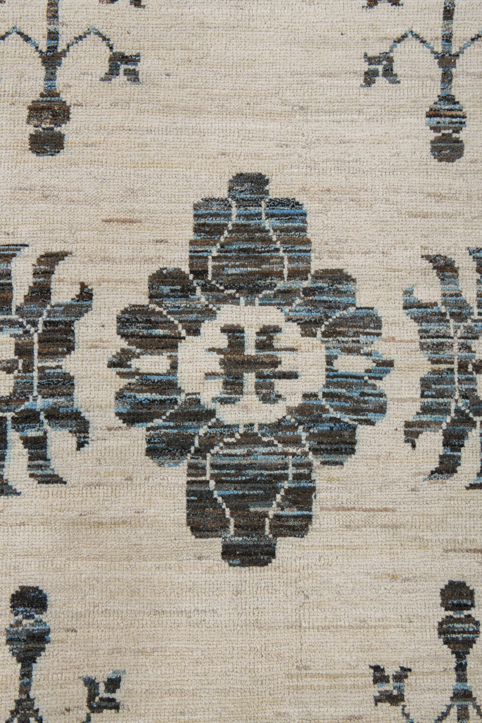 9' x 12' one-of-a-kind handmade vintage Tulu large size rug. Color palette: ivory, charcoal, slate, taupe, cream, gray