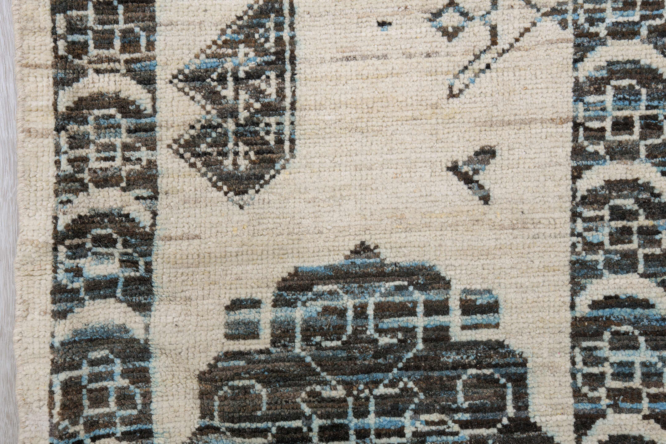 9' x 12' one-of-a-kind handmade vintage Tulu large size rug. Color palette: ivory, charcoal, slate, taupe, cream, gray