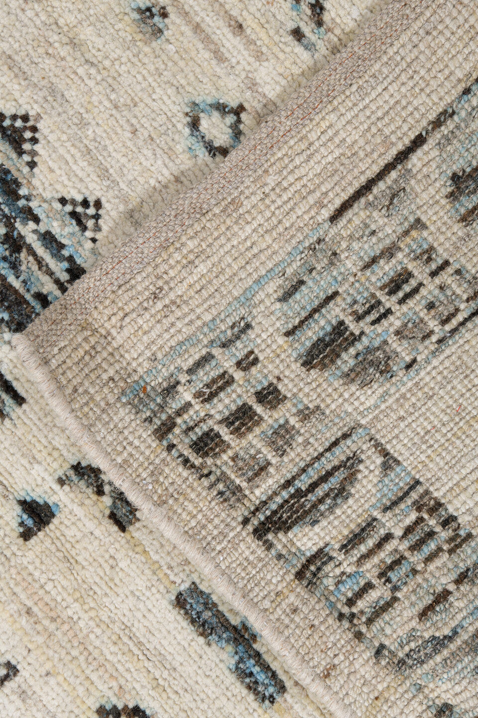 9' x 12' one-of-a-kind handmade vintage Tulu large size rug. Color palette: ivory, charcoal, slate, taupe, cream, gray