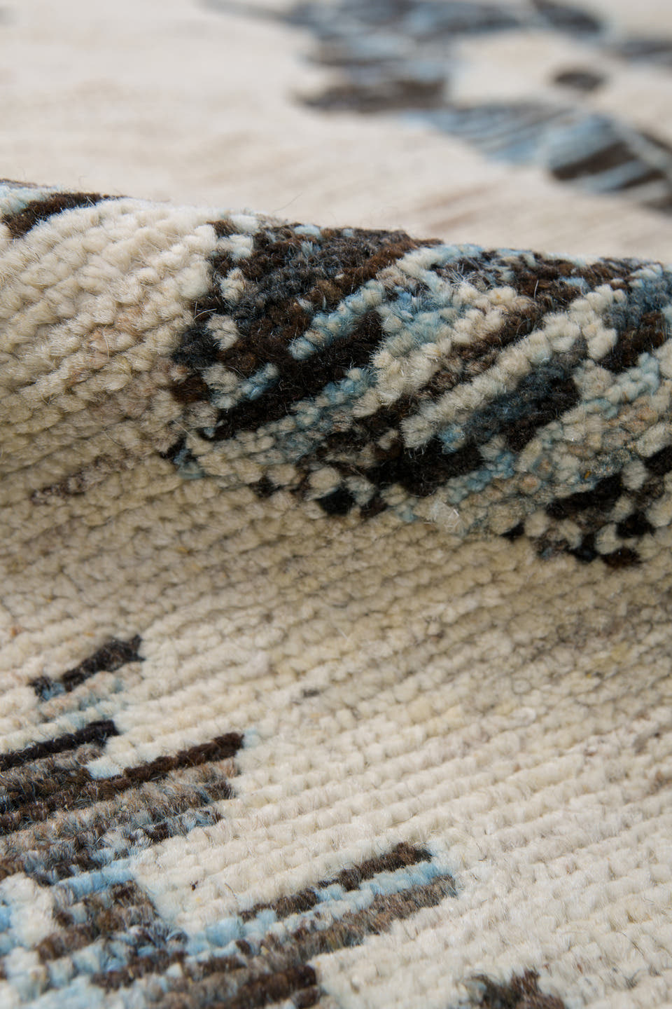 9' x 12' one-of-a-kind handmade vintage Tulu large size rug. Color palette: ivory, charcoal, slate, taupe, cream, gray