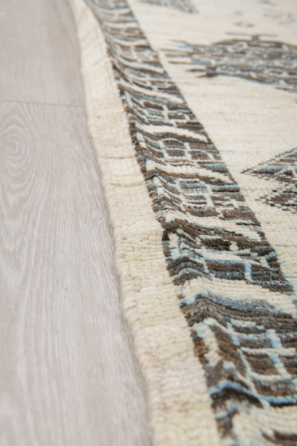 9' x 12' one-of-a-kind handmade vintage Tulu large size rug. Color palette: ivory, charcoal, slate, taupe, cream, gray