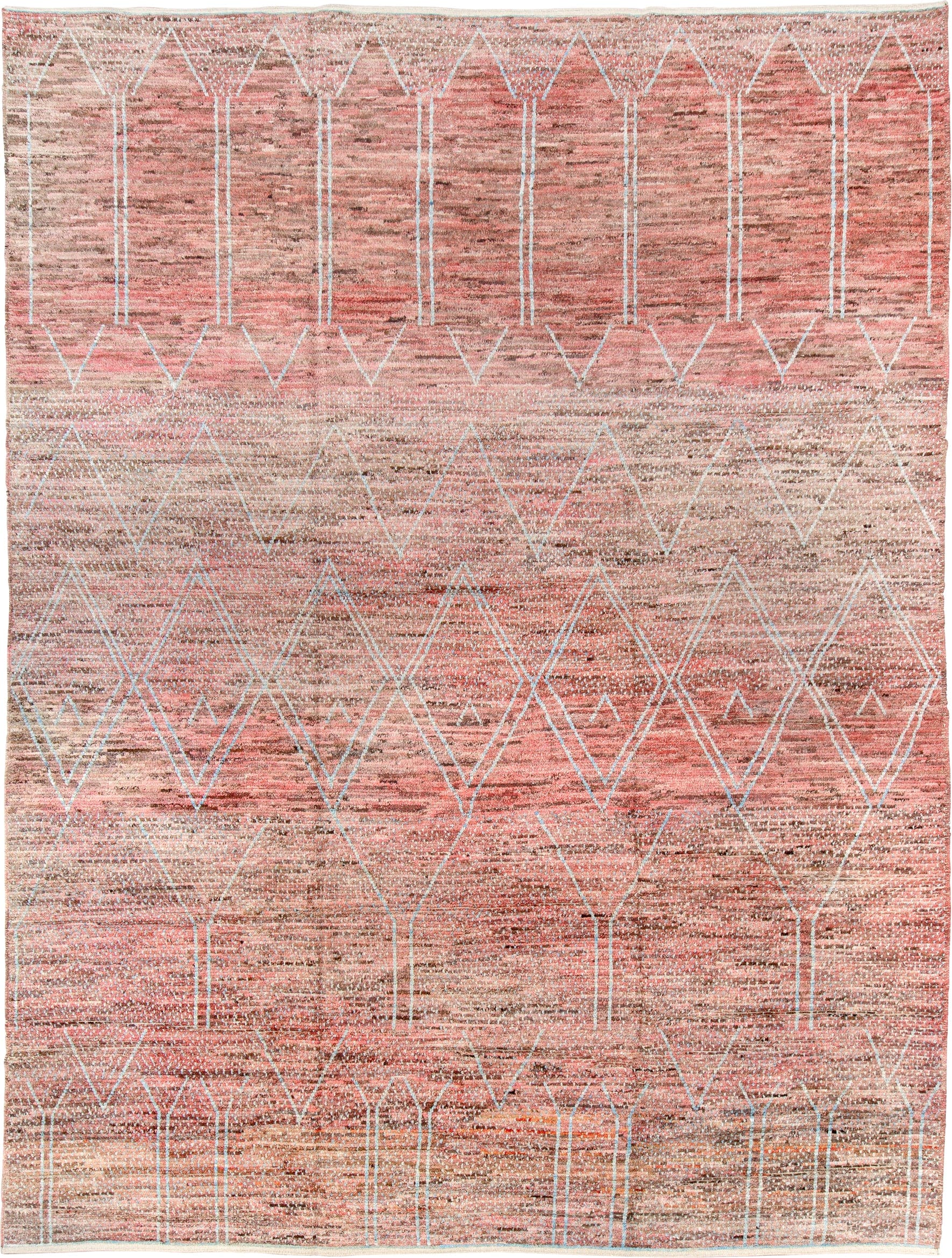 10' x 13' one-of-a-kind handmade vintage Tulu large size rug. Color palette: rose, blush, taupe, ivory, camel, brown