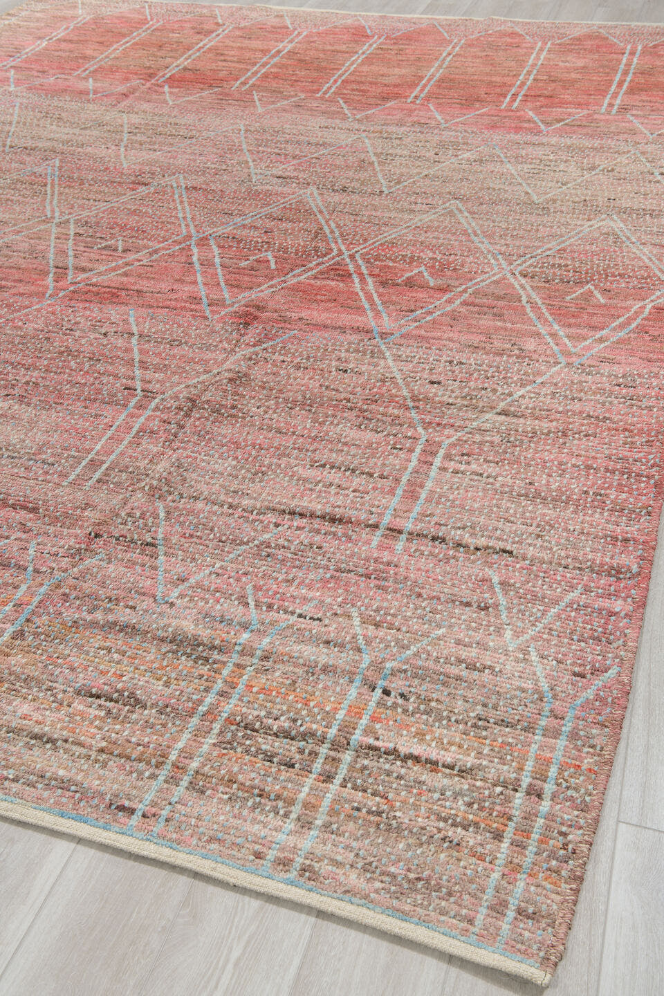 10' x 13' one-of-a-kind handmade vintage Tulu large size rug. Color palette: rose, blush, taupe, ivory, camel, brown