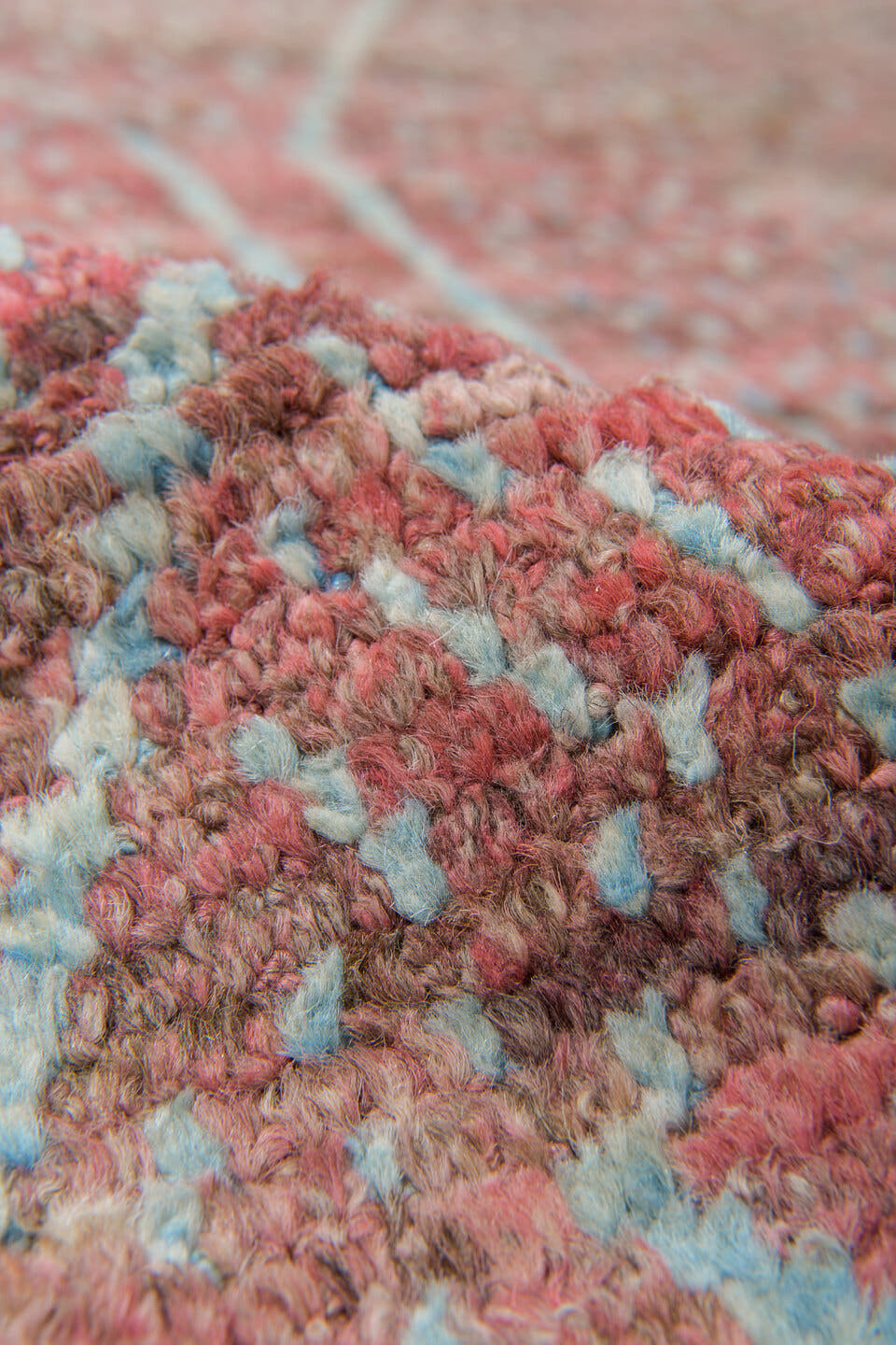 10' x 13' one-of-a-kind handmade vintage Tulu large size rug. Color palette: rose, blush, taupe, ivory, camel, brown