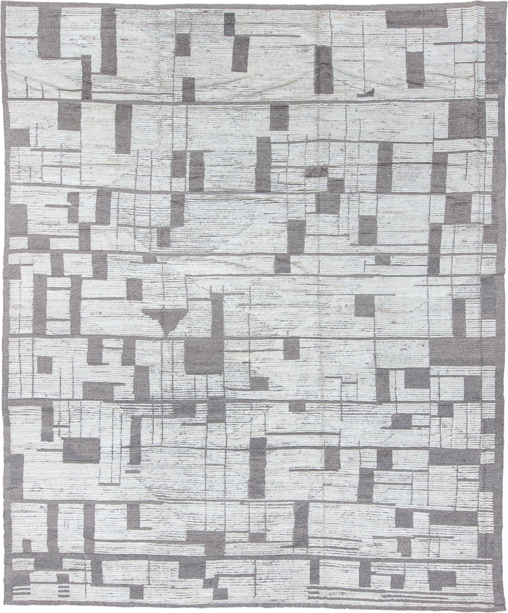 10' x 12' one-of-a-kind handmade vintage Tulu large size rug. Color palette: ivory, charcoal, taupe, gray, black, beige
