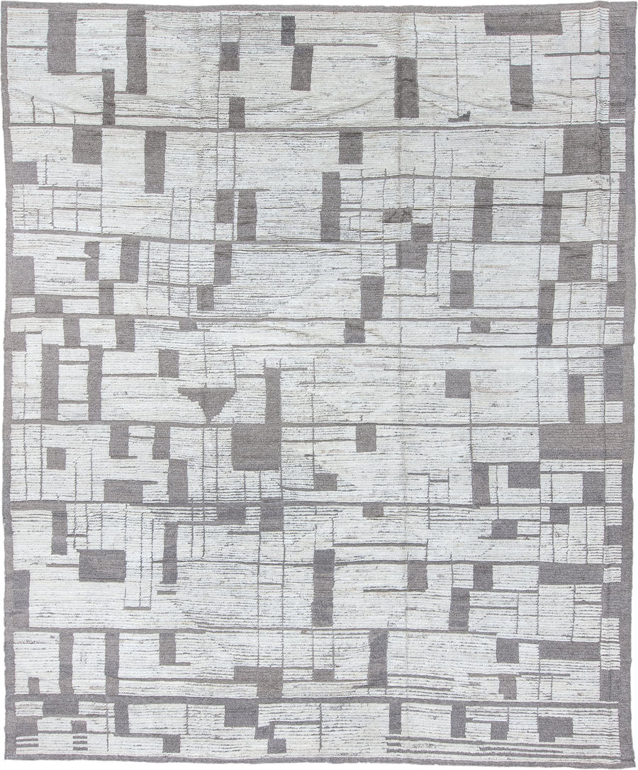 10' x 12' one-of-a-kind handmade vintage Tulu large size rug. Color palette: ivory, charcoal, taupe, gray, black, beige
