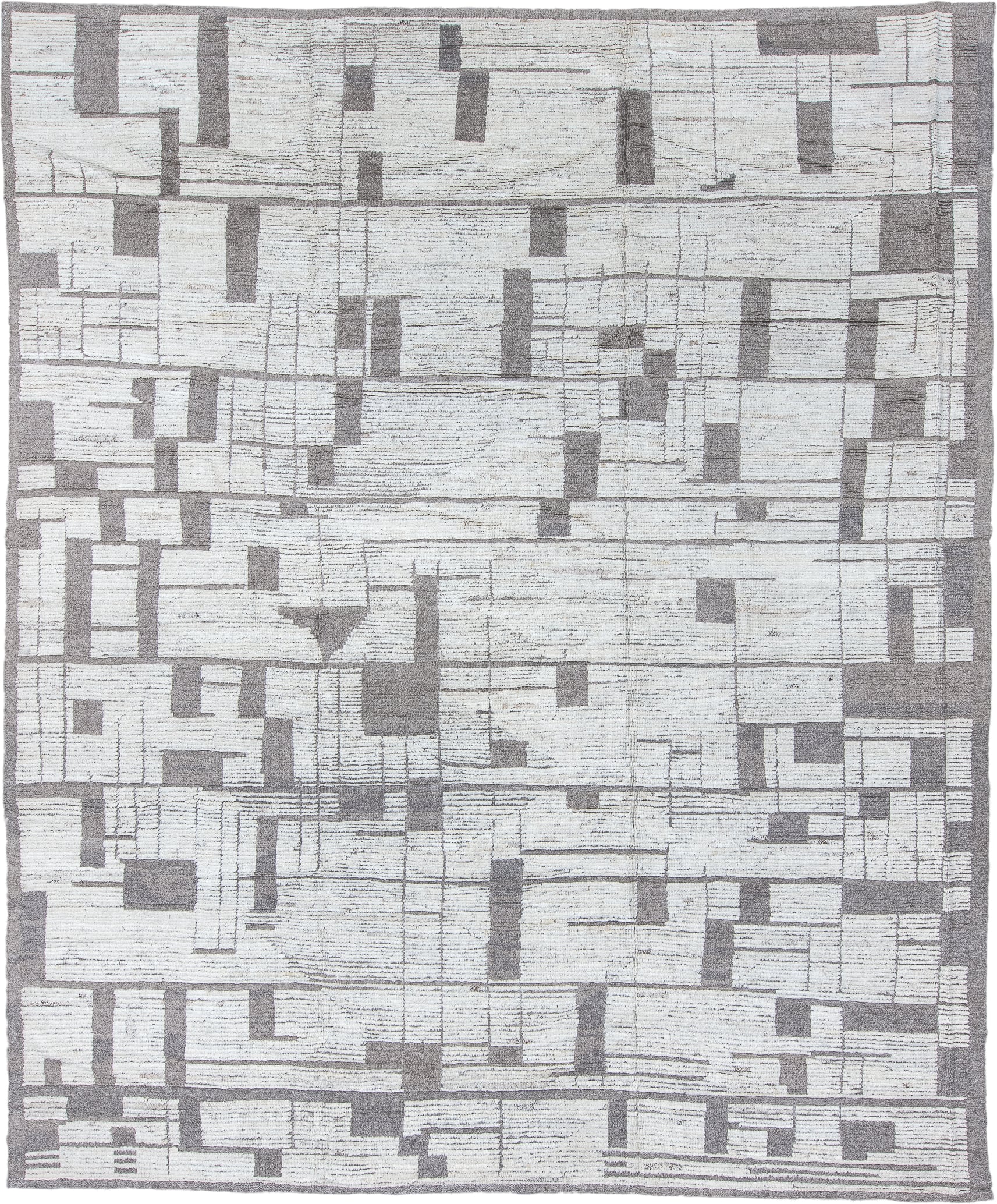 10' x 12' one-of-a-kind handmade vintage Tulu large size rug. Color palette: ivory, charcoal, taupe, gray, black, beige