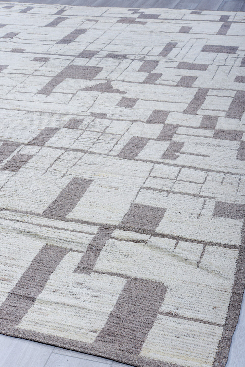 10' x 12' one-of-a-kind handmade vintage Tulu large size rug. Color palette: ivory, charcoal, taupe, gray, black, beige