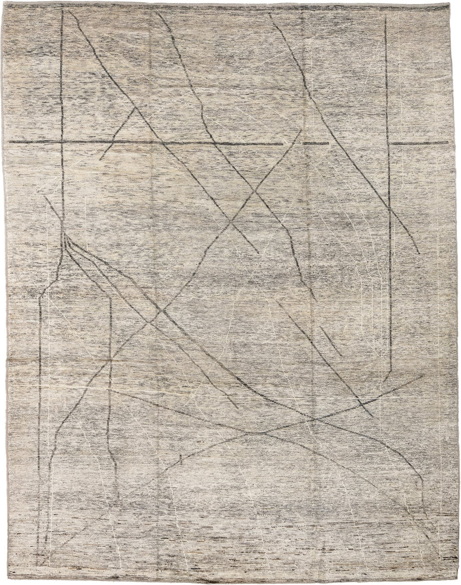 9' x 12' one-of-a-kind handmade vintage Tulu large size rug. Color palette: ivory, taupe, charcoal, cream, gray, beige
