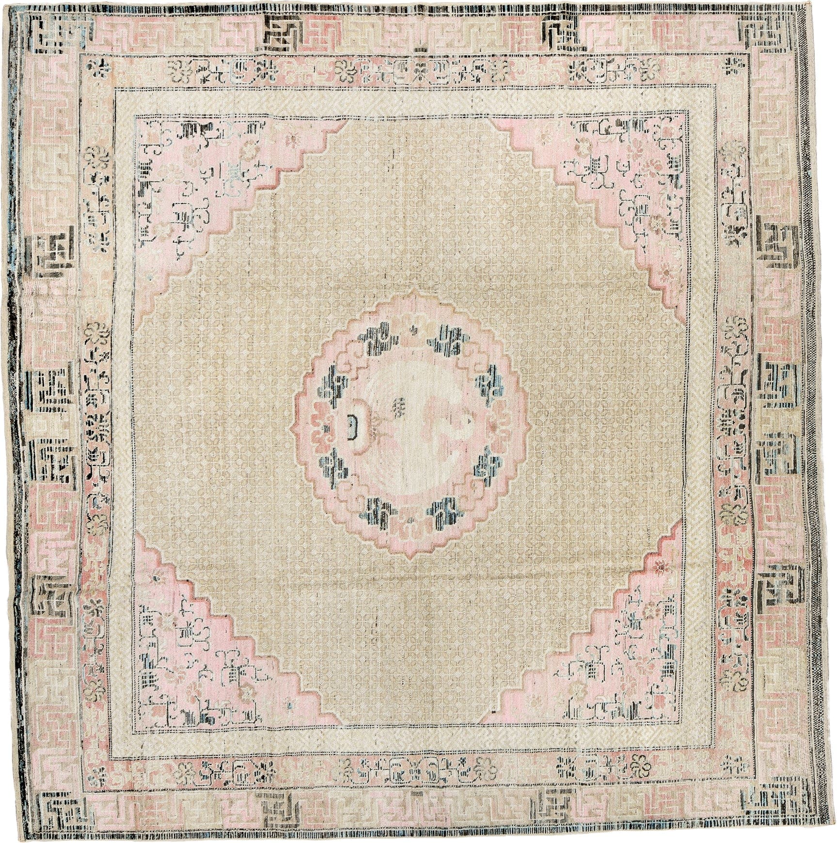 10' x 9' one-of-a-kind handmade vintage Chinese large size rug. Color palette: ivory, blush, charcoal, taupe, cream