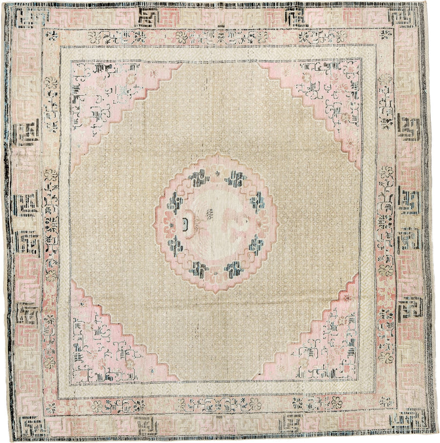 10' x 9' one-of-a-kind handmade vintage Chinese large size rug. Color palette: ivory, blush, charcoal, taupe, cream