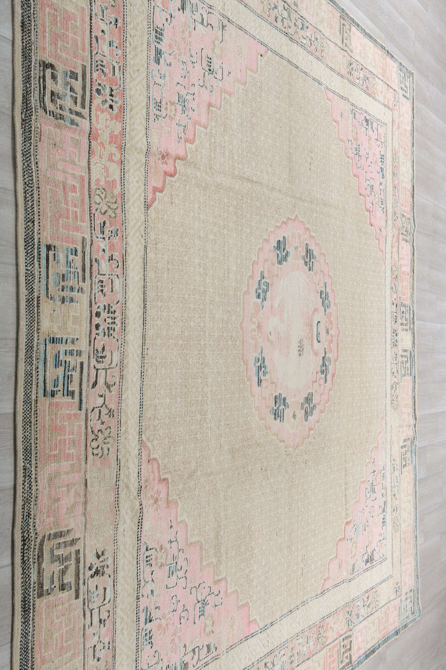 10' x 9' one-of-a-kind handmade vintage Chinese large size rug. Color palette: ivory, blush, charcoal, taupe, cream