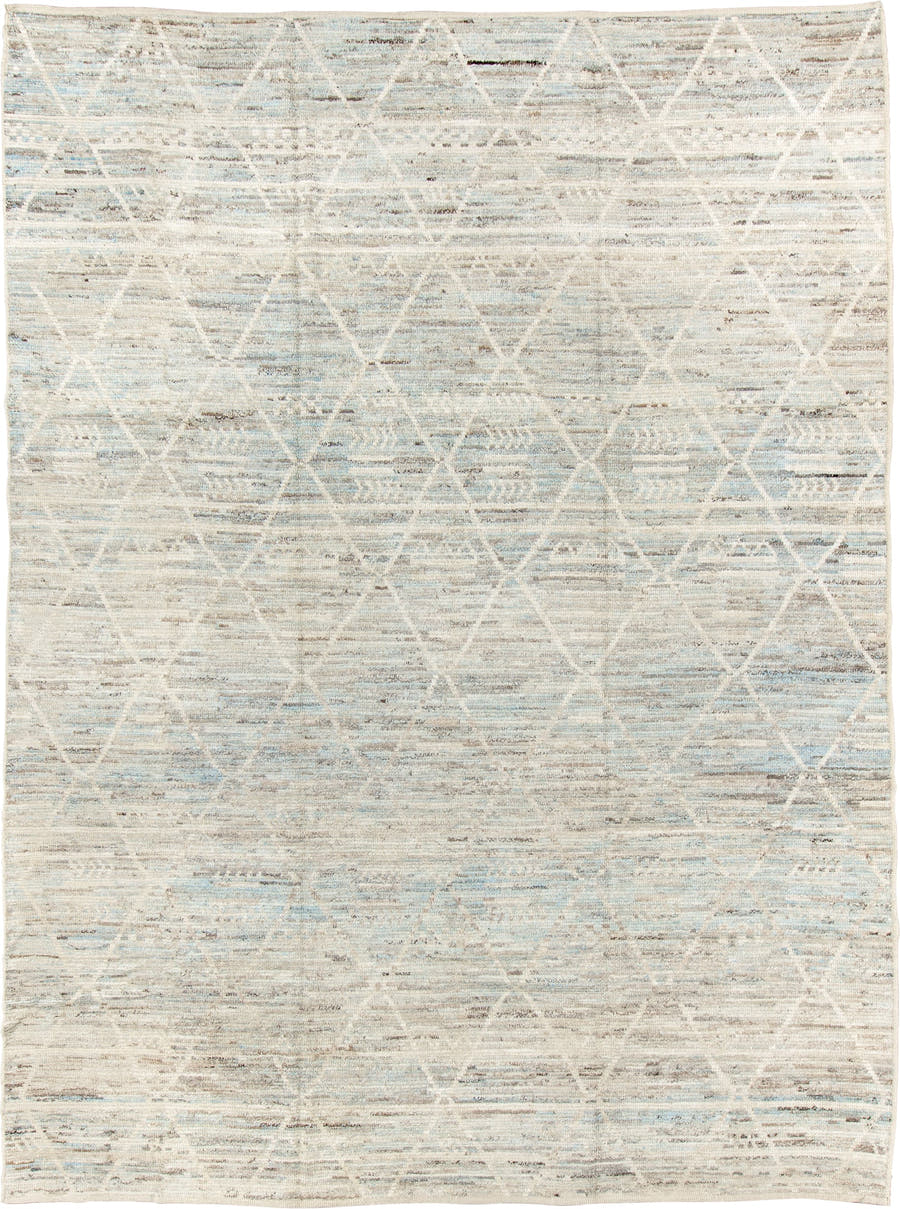 10' x 13' one-of-a-kind handmade vintage Tulu large size rug. Color palette: ivory, pale blue, taupe, cream, charcoal, beige
