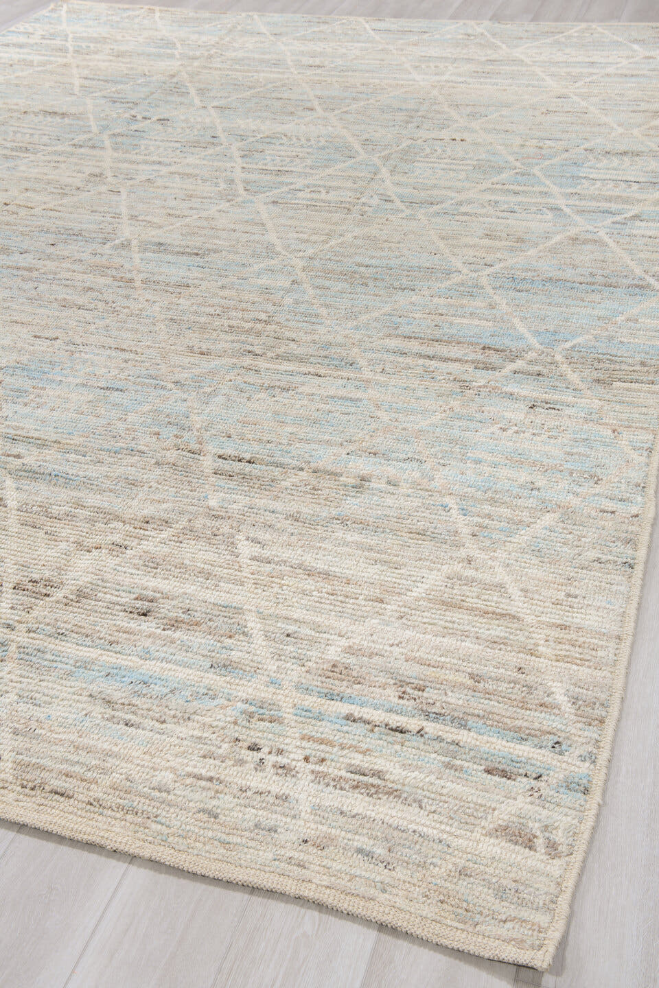 10' x 13' one-of-a-kind handmade vintage Tulu large size rug. Color palette: ivory, pale blue, taupe, cream, charcoal, beige
