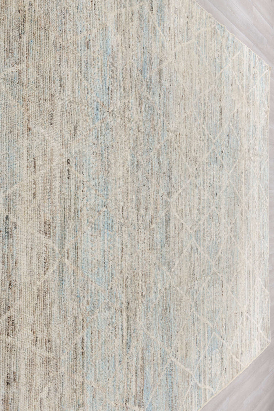 10' x 13' one-of-a-kind handmade vintage Tulu large size rug. Color palette: ivory, pale blue, taupe, cream, charcoal, beige