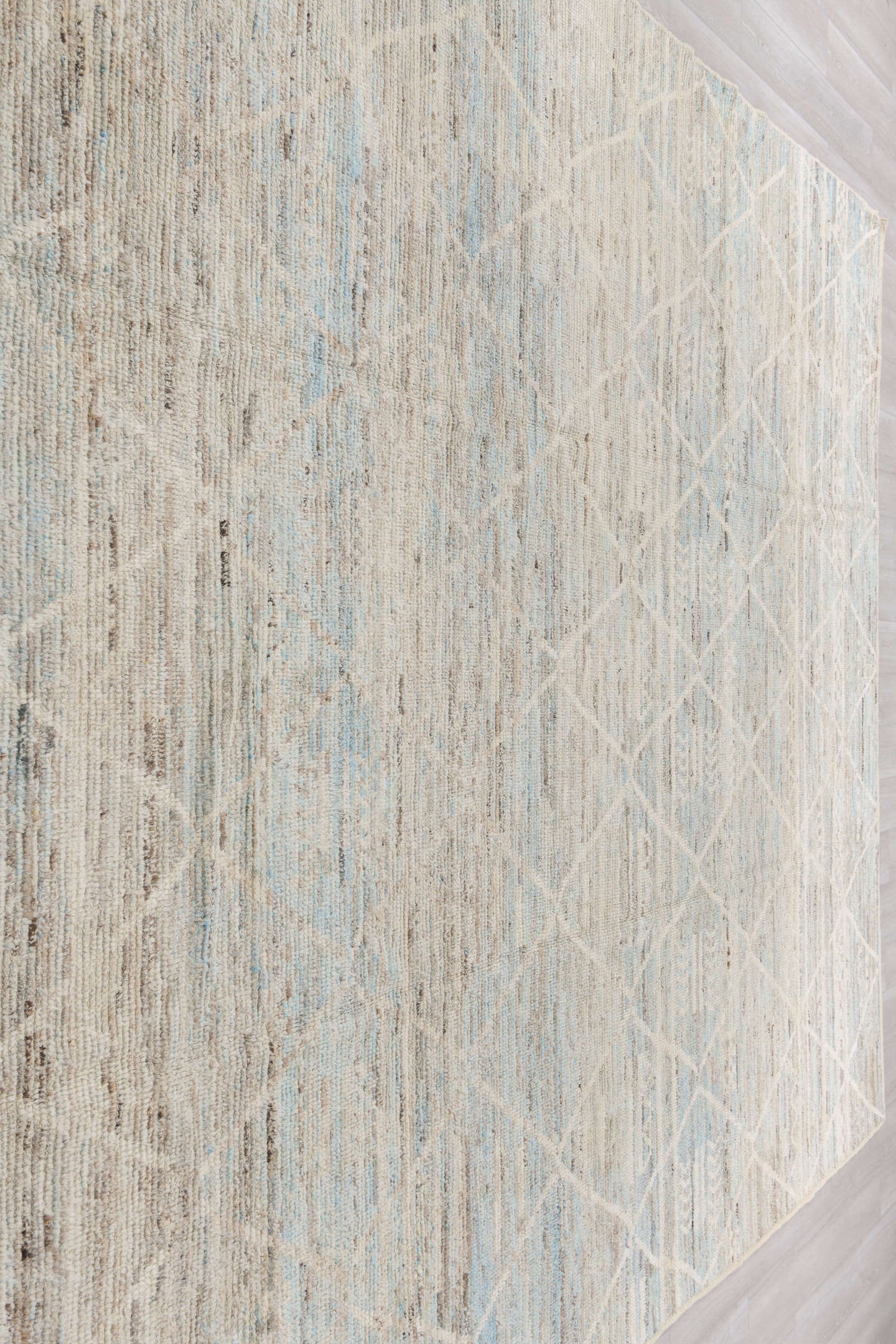 10' x 13' one-of-a-kind handmade vintage Tulu large size rug. Color palette: ivory, pale blue, taupe, cream, charcoal, beige