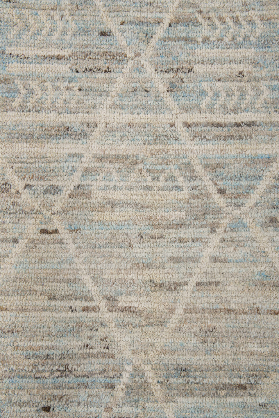 10' x 13' one-of-a-kind handmade vintage Tulu large size rug. Color palette: ivory, pale blue, taupe, cream, charcoal, beige