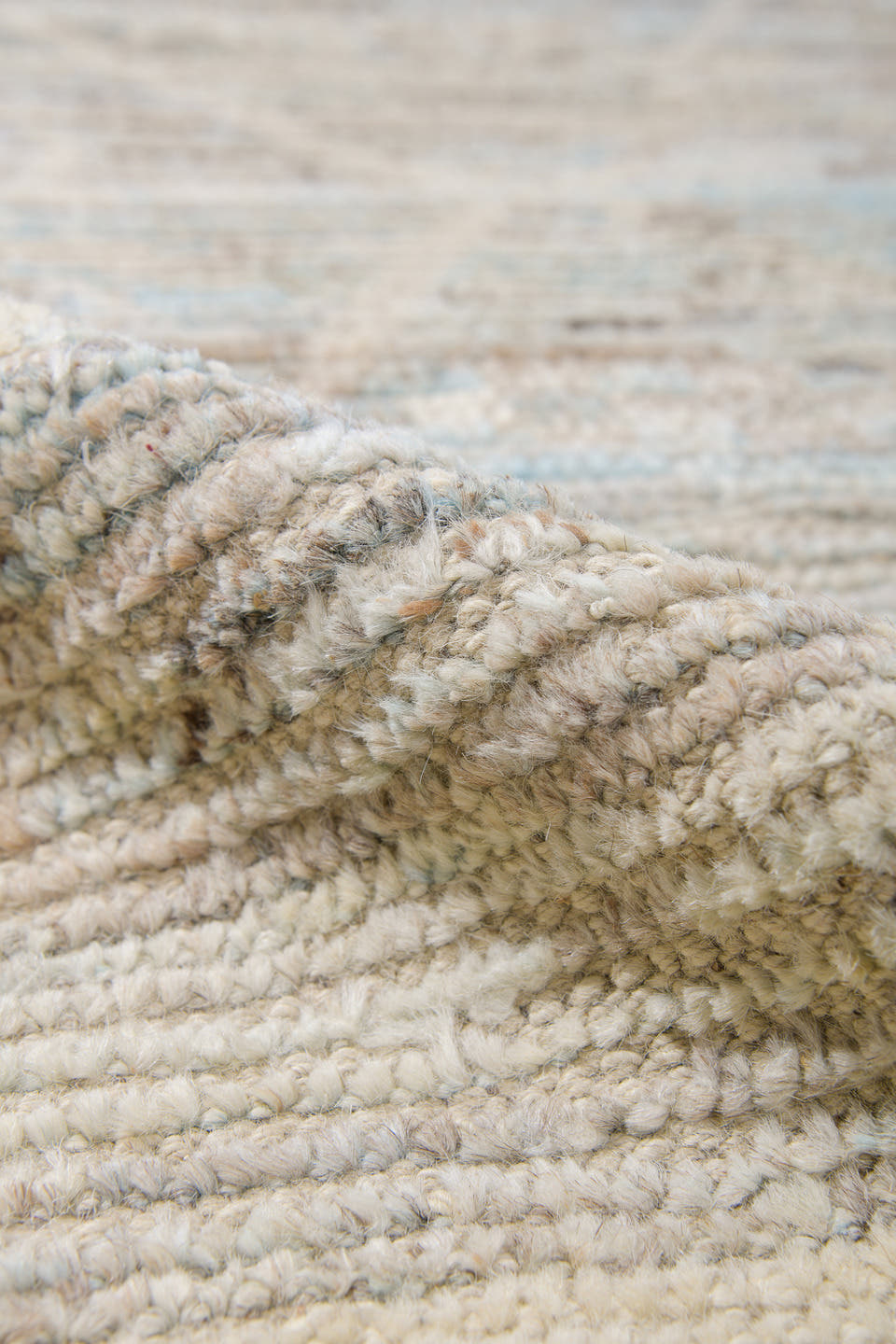 10' x 13' one-of-a-kind handmade vintage Tulu large size rug. Color palette: ivory, pale blue, taupe, cream, charcoal, beige