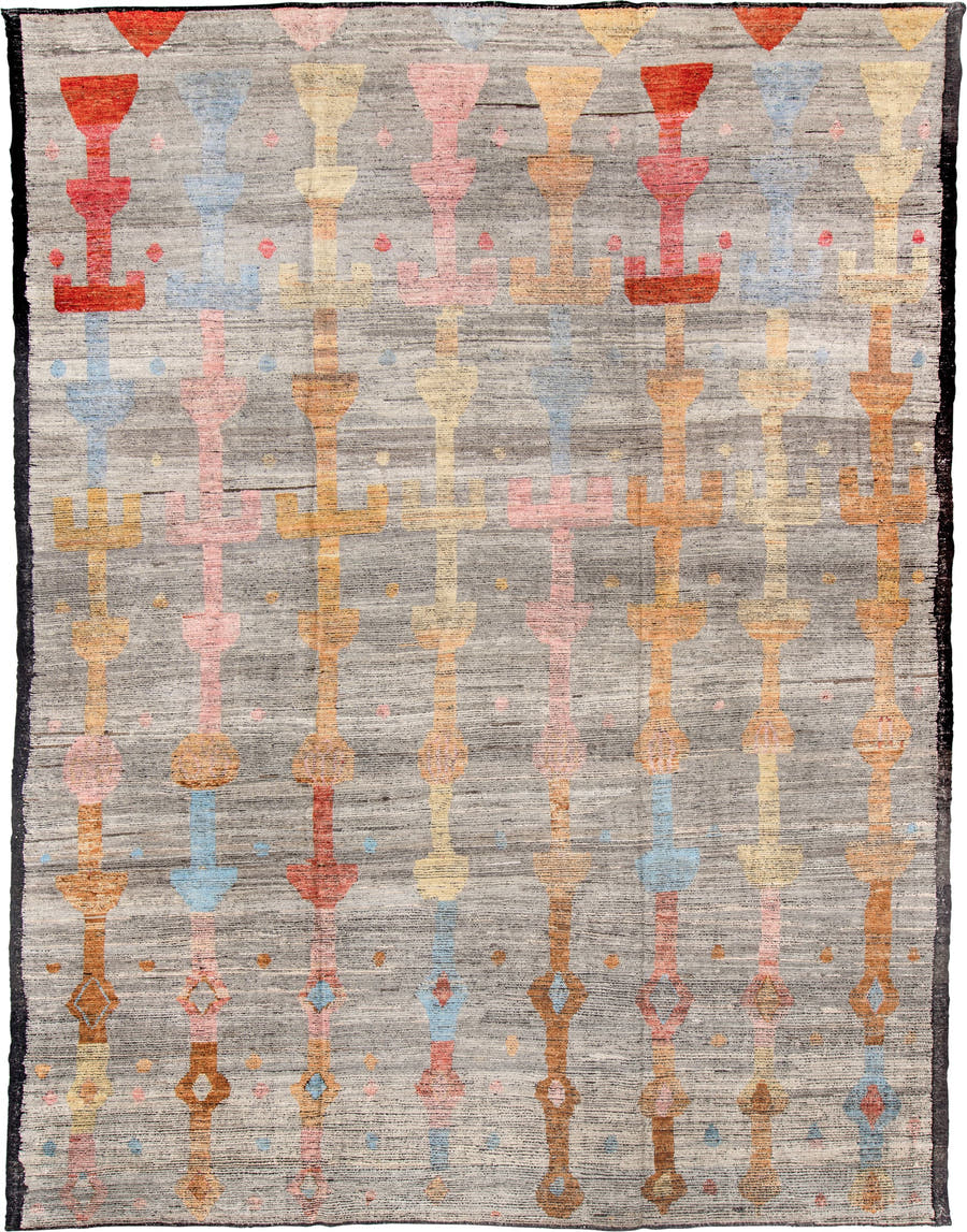 10' x 13' one-of-a-kind handmade vintage Tulu large size rug. Color palette: gray, terra cotta, camel, blush, pale gold