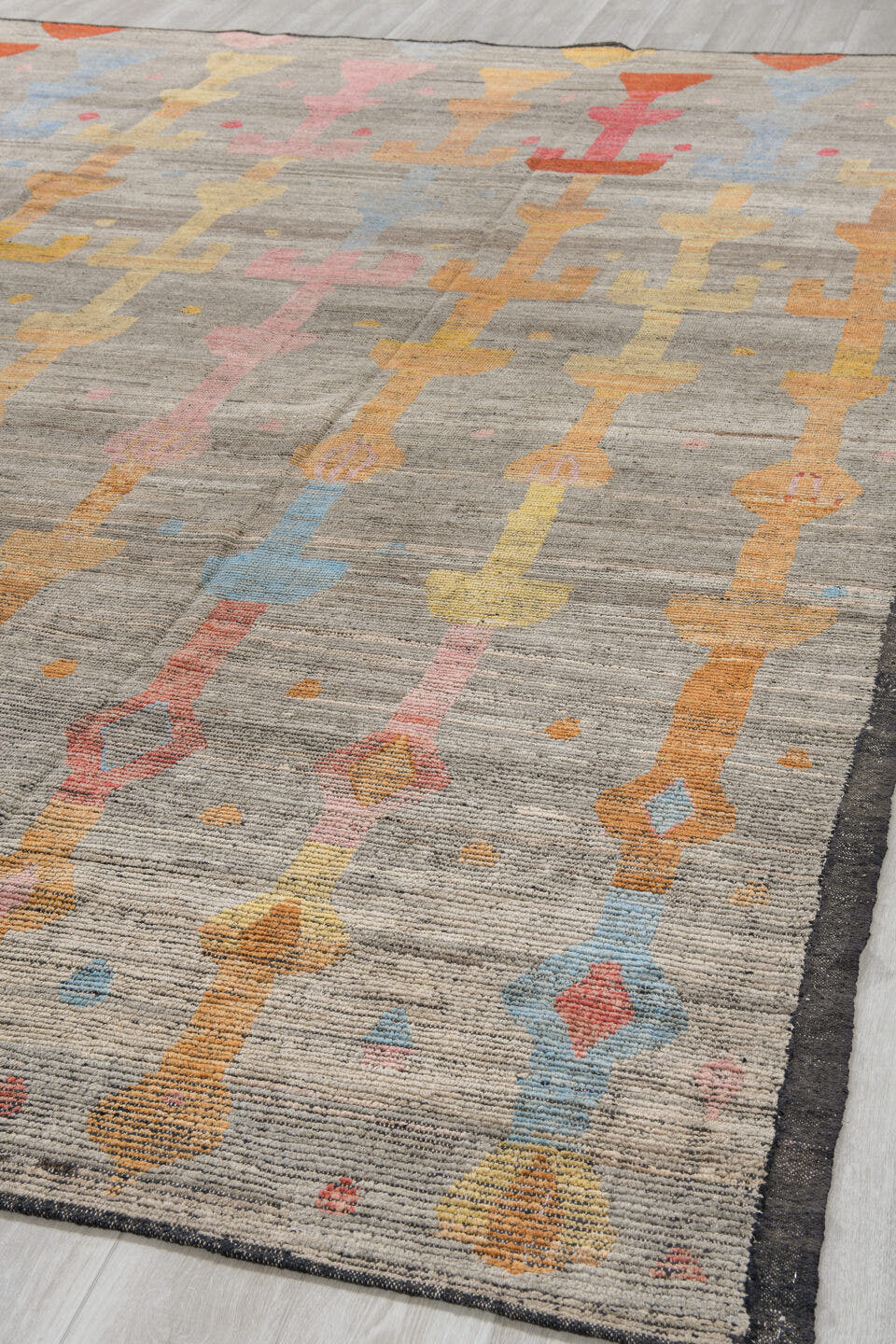 10' x 13' one-of-a-kind handmade vintage Tulu large size rug. Color palette: gray, terra cotta, camel, blush, pale gold
