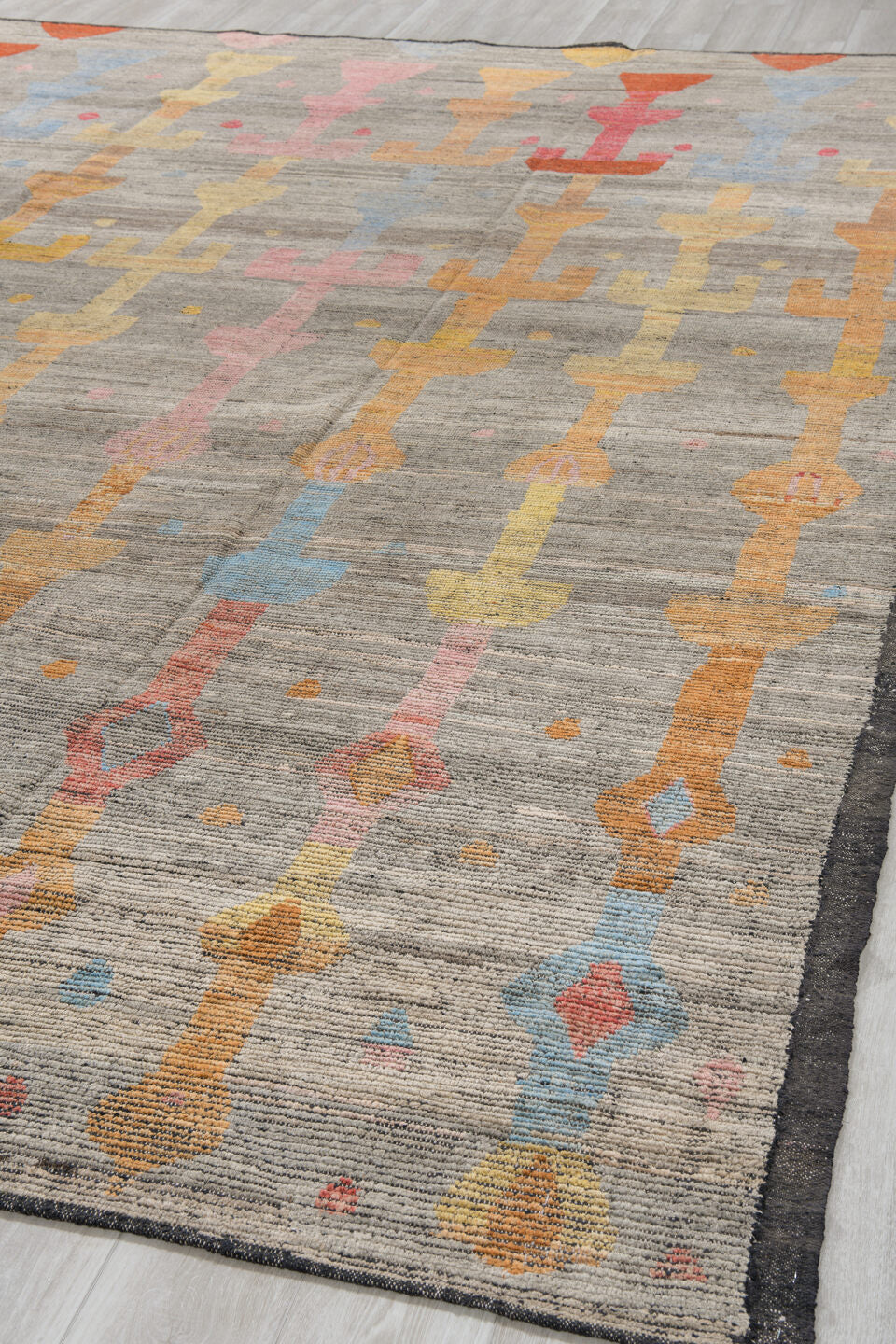 10' x 13' one-of-a-kind handmade vintage Tulu large size rug. Color palette: gray, terra cotta, camel, blush, pale gold