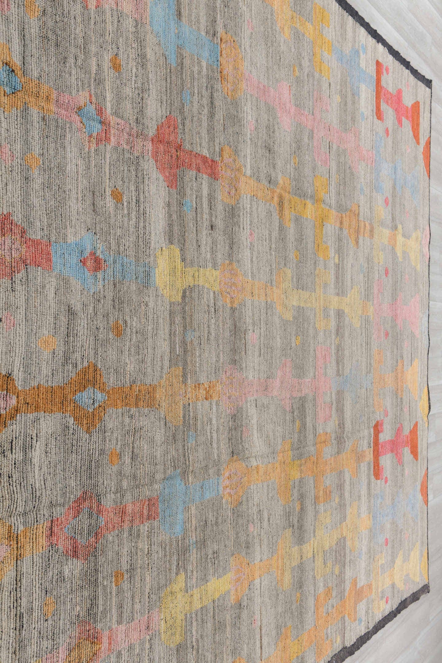 10' x 13' one-of-a-kind handmade vintage Tulu large size rug. Color palette: gray, terra cotta, camel, blush, pale gold