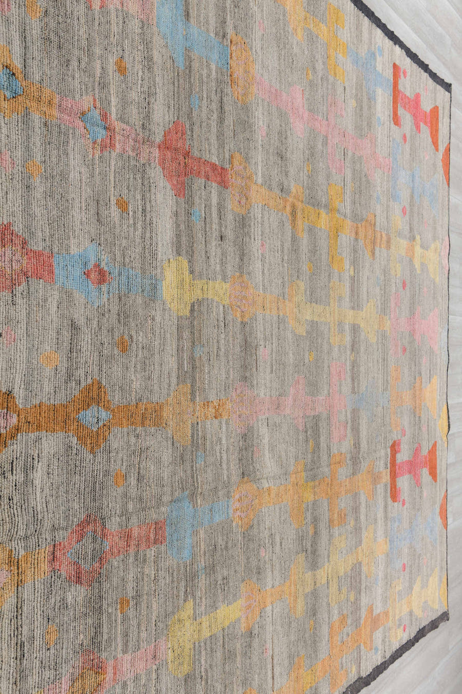 10' x 13' one-of-a-kind handmade vintage Tulu large size rug. Color palette: gray, terra cotta, camel, blush, pale gold