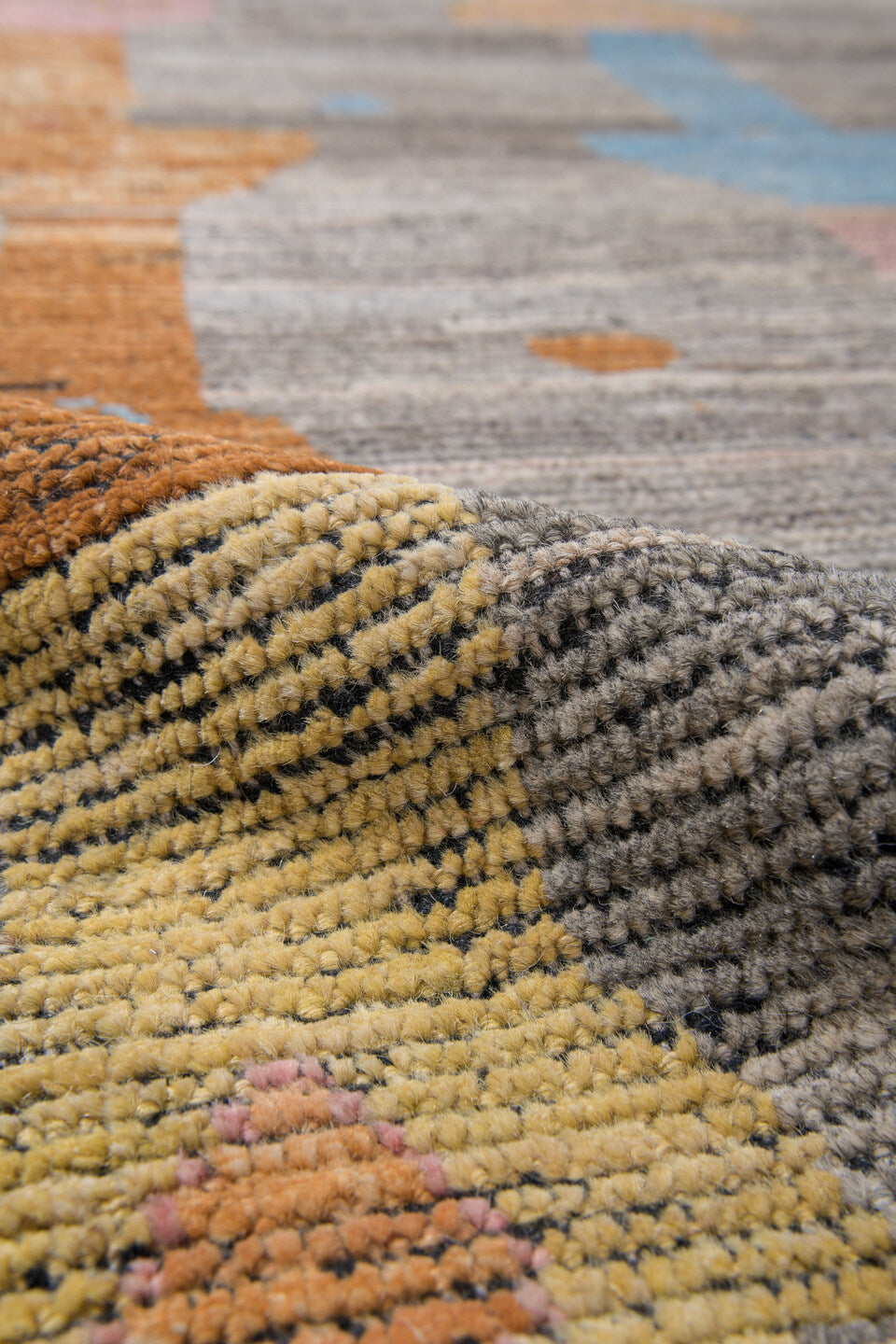 10' x 13' one-of-a-kind handmade vintage Tulu large size rug. Color palette: gray, terra cotta, camel, blush, pale gold