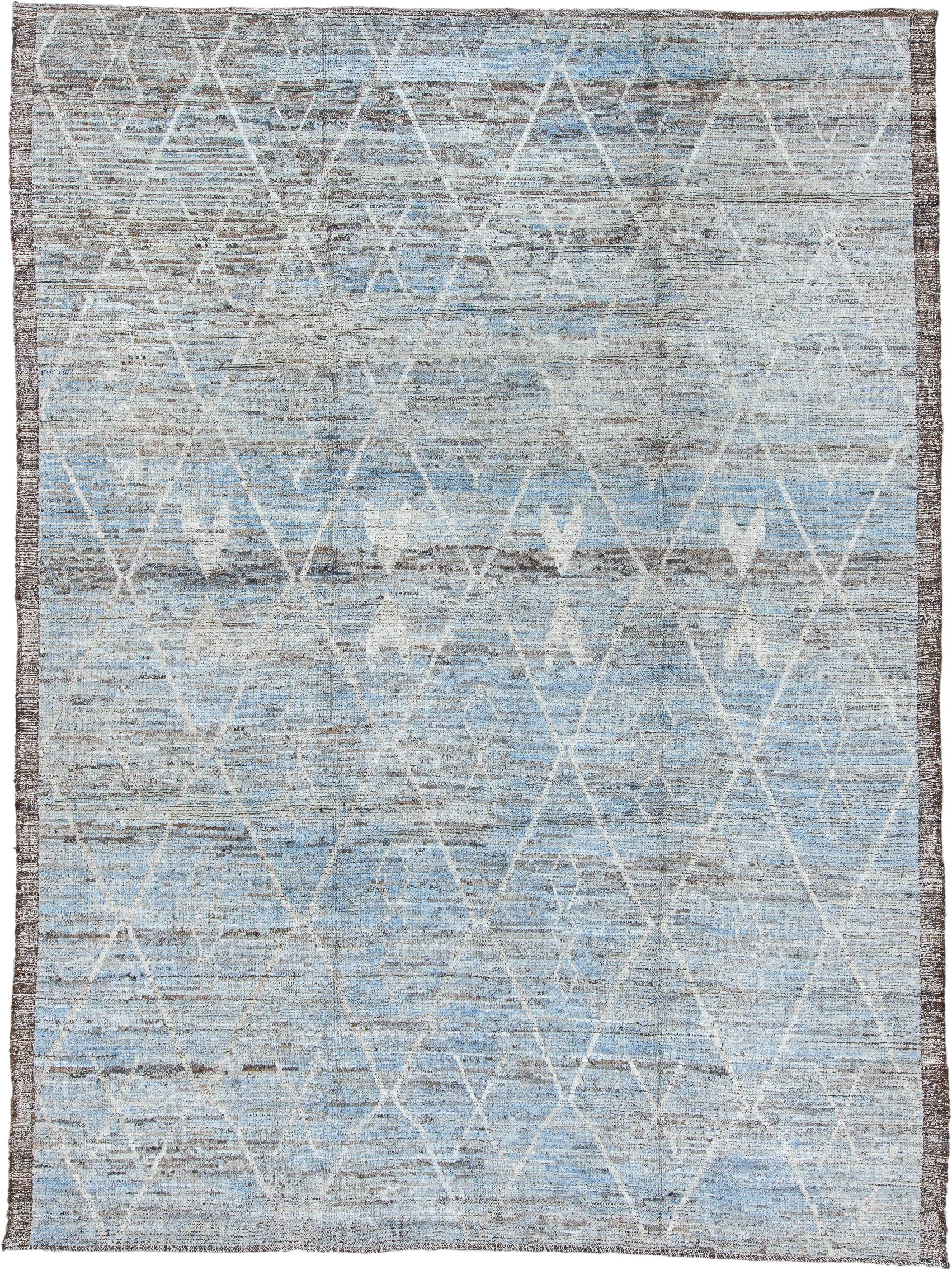 10' x 13' one-of-a-kind handmade vintage Tulu large size rug. Color palette: light blue, ivory, taupe, gray, brown, beige
