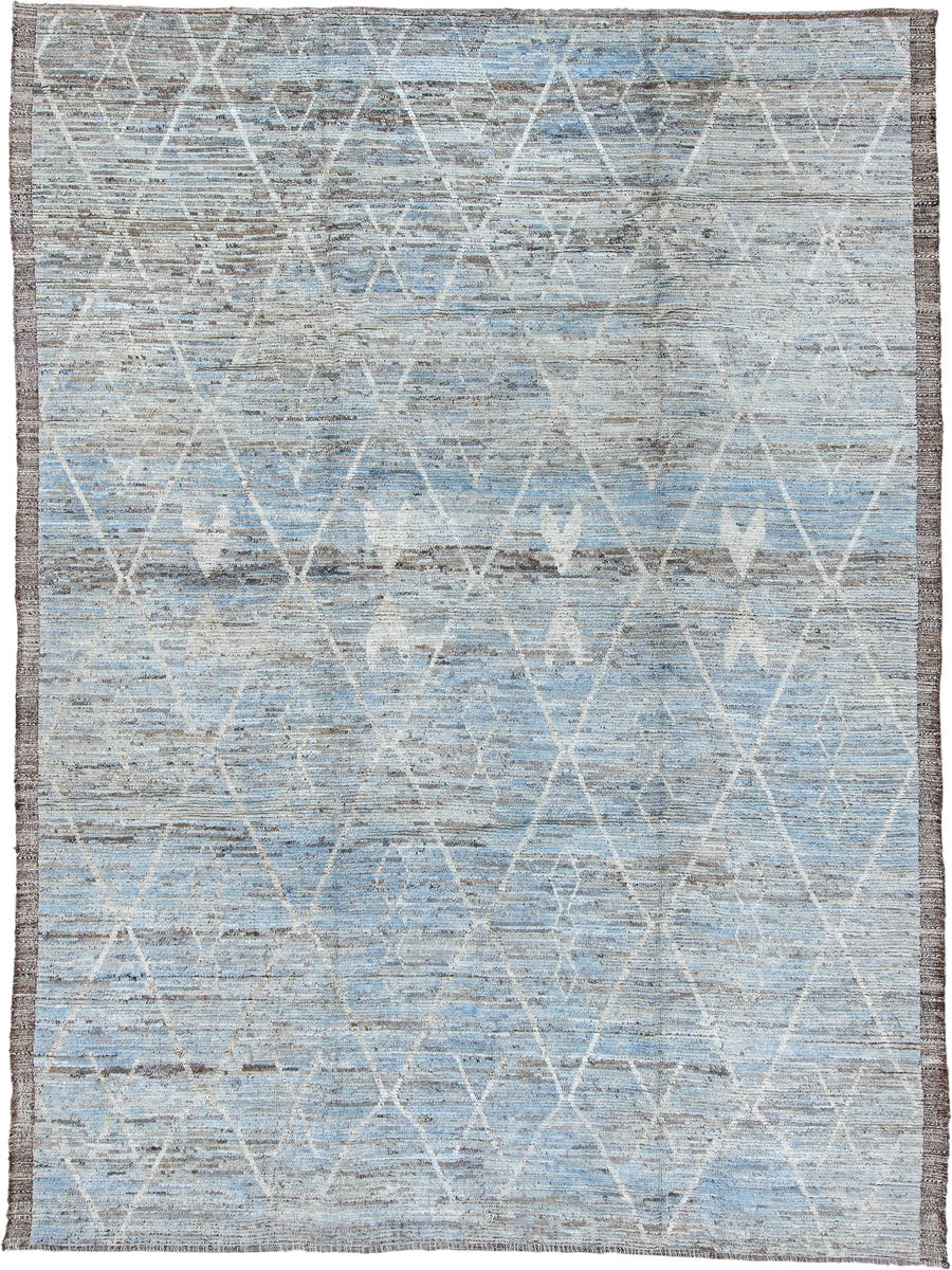 10' x 13' one-of-a-kind handmade vintage Tulu large size rug. Color palette: light blue, ivory, taupe, gray, brown, beige