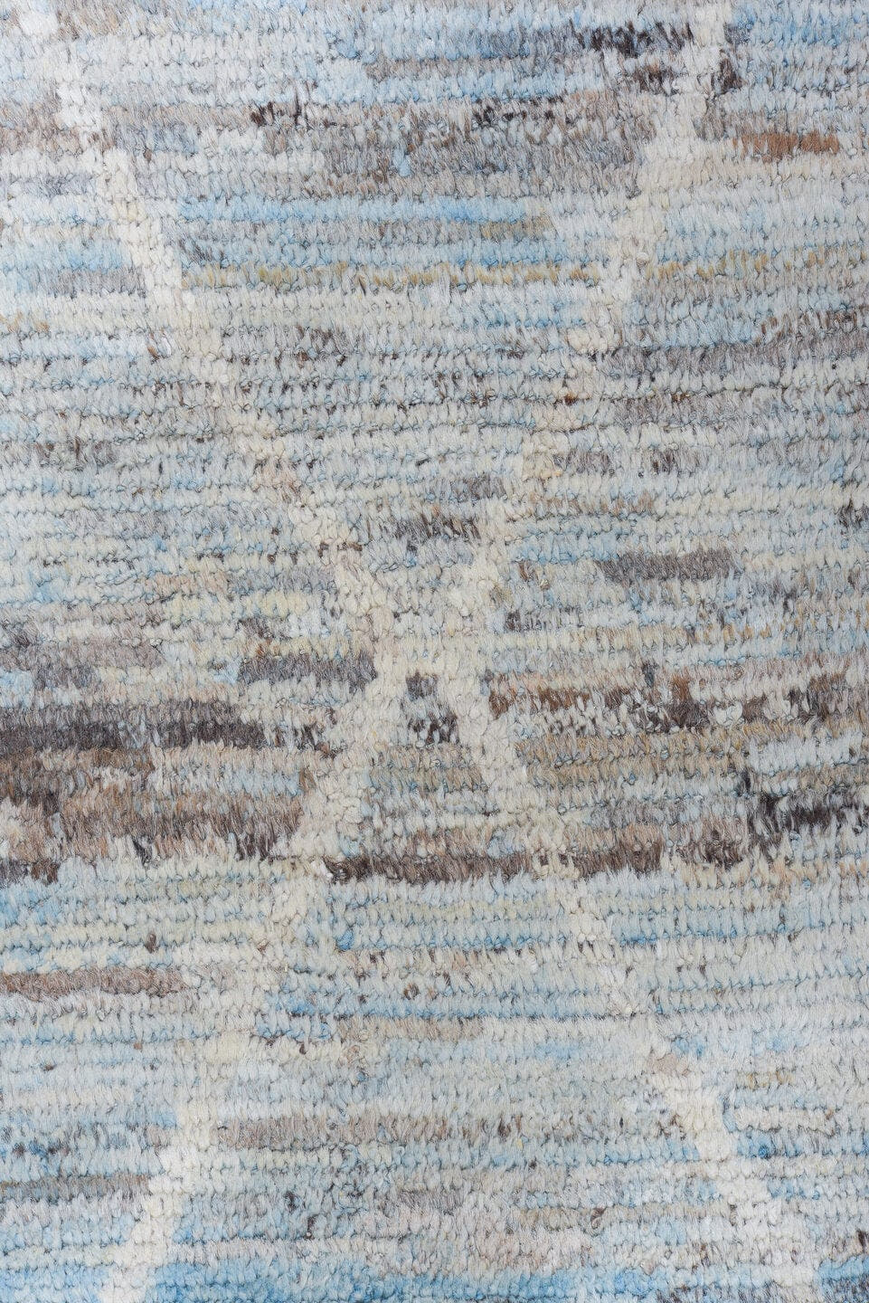 10' x 13' one-of-a-kind handmade vintage Tulu large size rug. Color palette: light blue, ivory, taupe, gray, brown, beige