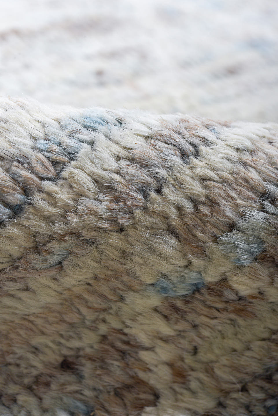 10' x 13' one-of-a-kind handmade vintage Tulu large size rug. Color palette: light blue, ivory, taupe, gray, brown, beige