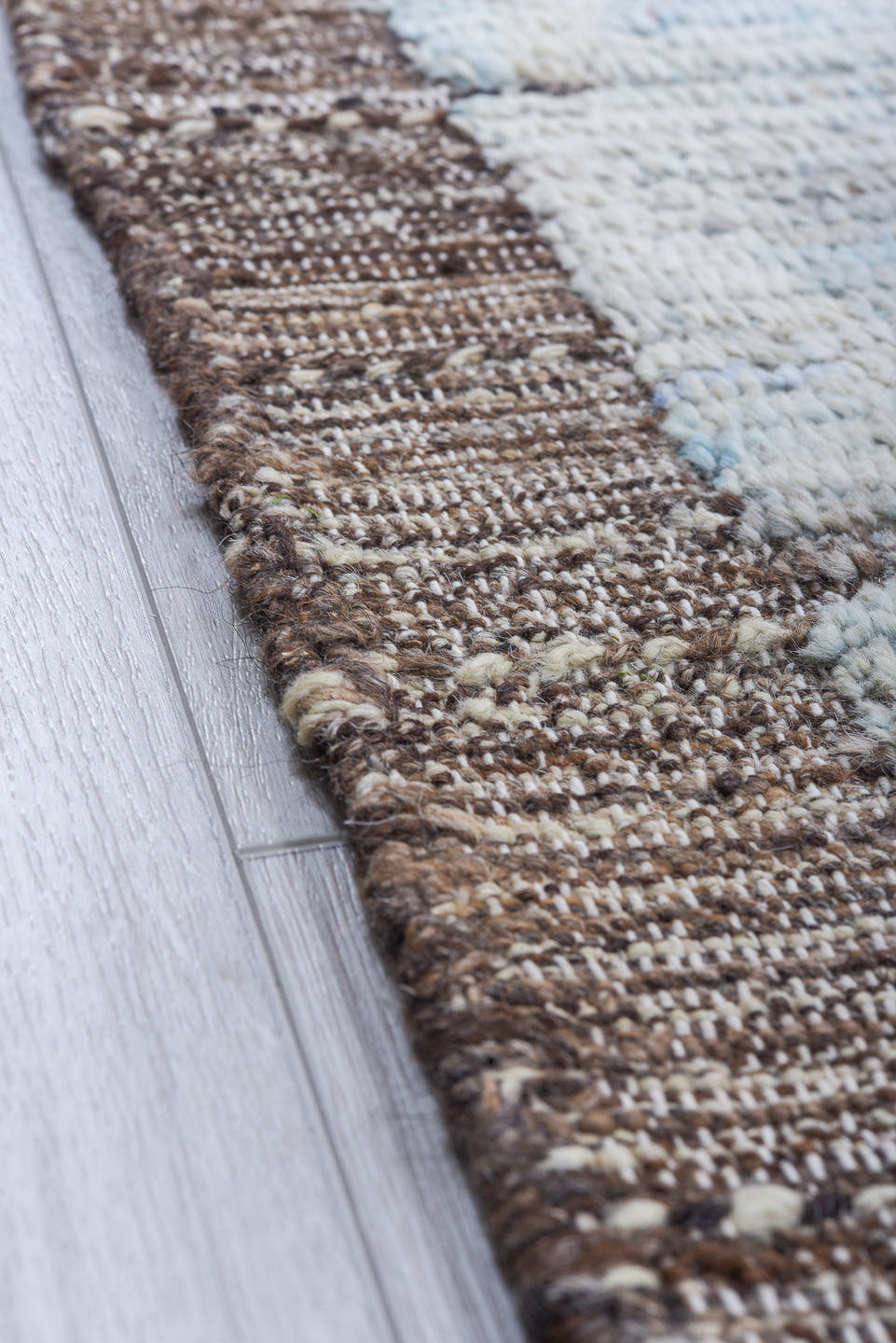 10' x 13' one-of-a-kind handmade vintage Tulu large size rug. Color palette: light blue, ivory, taupe, gray, brown, beige