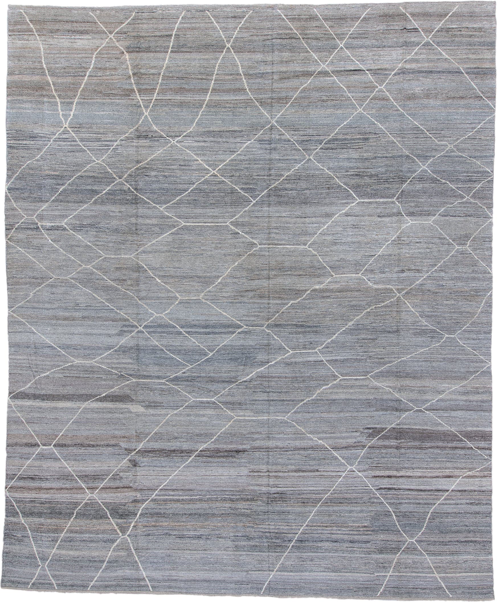 12' x 15' one-of-a-kind handmade vintage Tulu oversize rug. Color palette: gray, ivory, slate, taupe, charcoal, beige, black