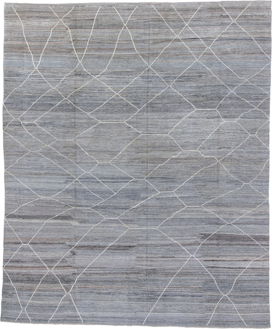 12' x 15' one-of-a-kind handmade vintage Tulu oversize rug. Color palette: gray, ivory, slate, taupe, charcoal, beige, black