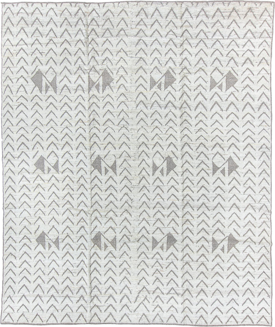 9' x 11' one-of-a-kind handmade vintage Tulu large size rug. Color palette: ivory, taupe, gray, cream, beige