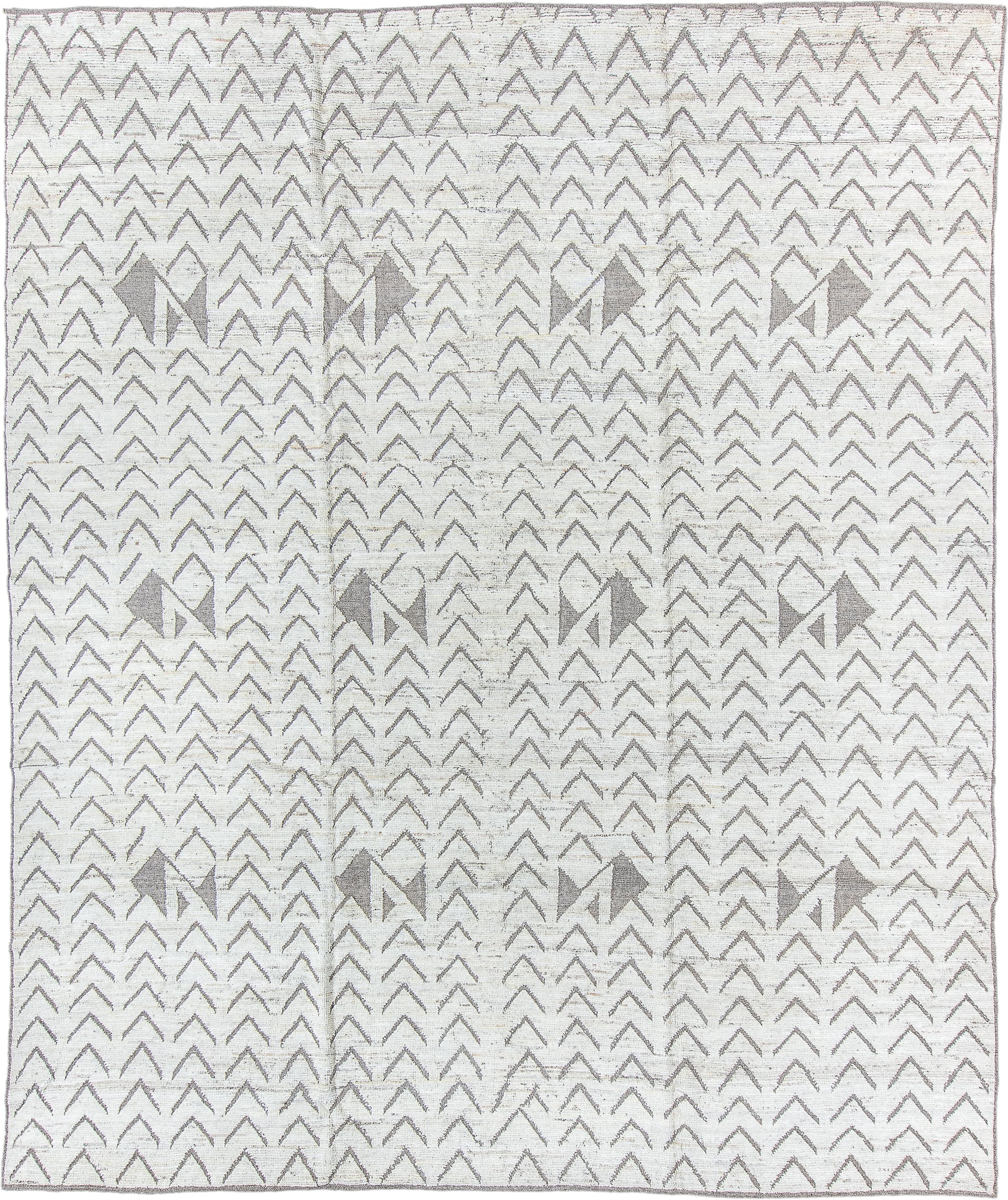 9' x 11' one-of-a-kind handmade vintage Tulu large size rug. Color palette: ivory, taupe, gray, cream, beige