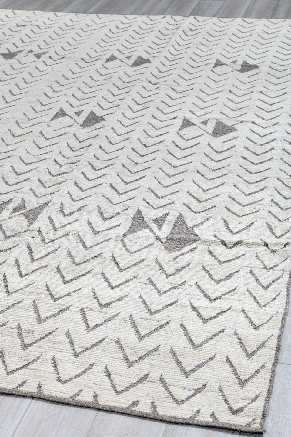 9' x 11' one-of-a-kind handmade vintage Tulu large size rug. Color palette: ivory, taupe, gray, cream, beige