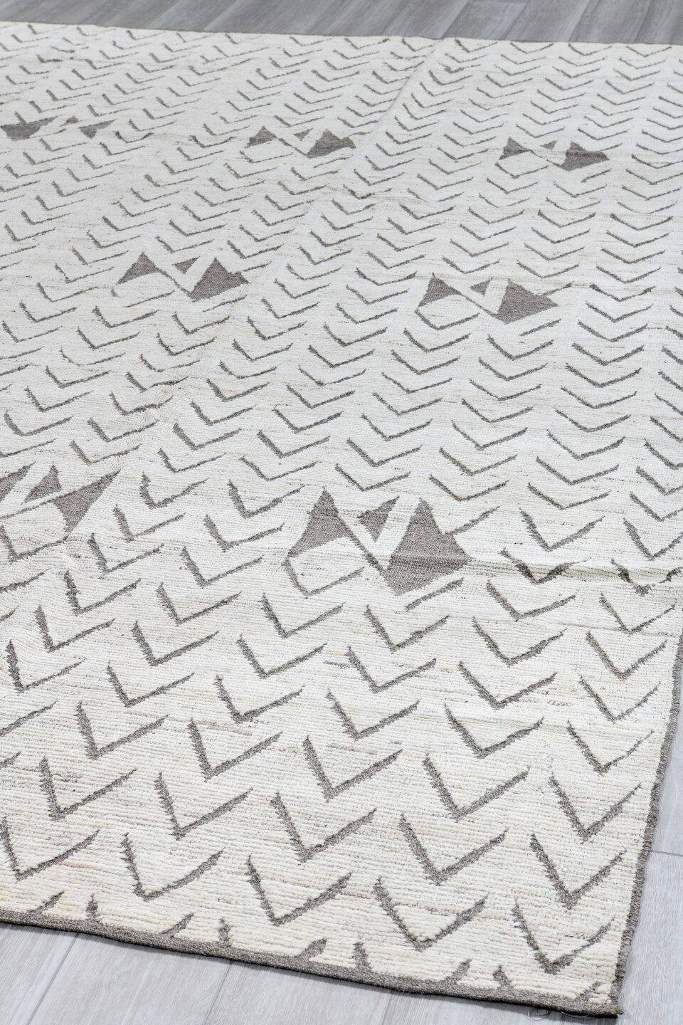 9' x 11' one-of-a-kind handmade vintage Tulu large size rug. Color palette: ivory, taupe, gray, cream, beige