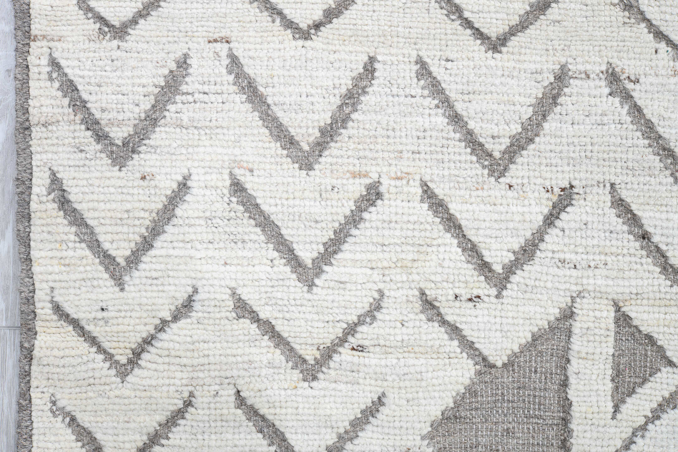 9' x 11' one-of-a-kind handmade vintage Tulu large size rug. Color palette: ivory, taupe, gray, cream, beige