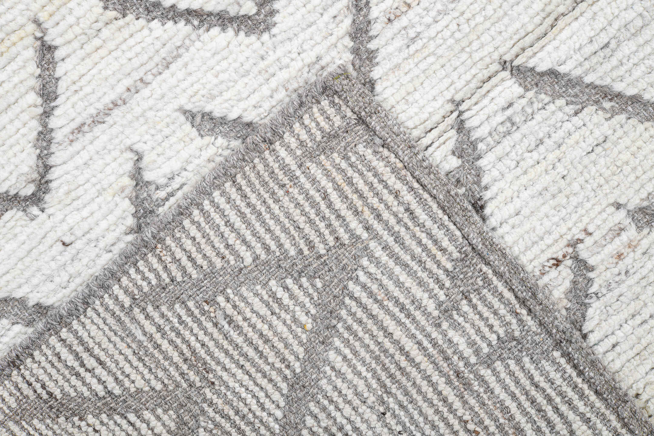9' x 11' one-of-a-kind handmade vintage Tulu large size rug. Color palette: ivory, taupe, gray, cream, beige