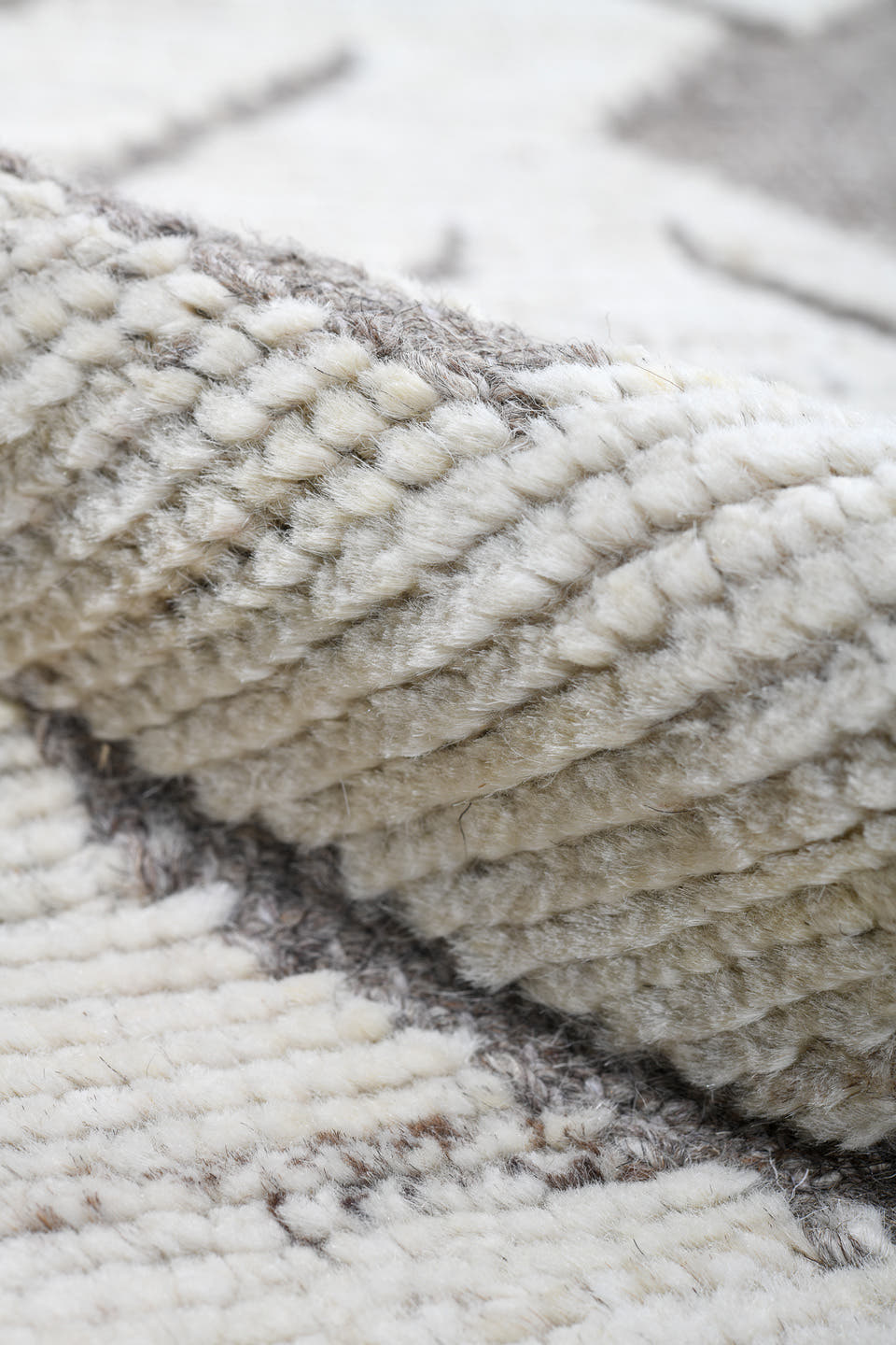 9' x 11' one-of-a-kind handmade vintage Tulu large size rug. Color palette: ivory, taupe, gray, cream, beige