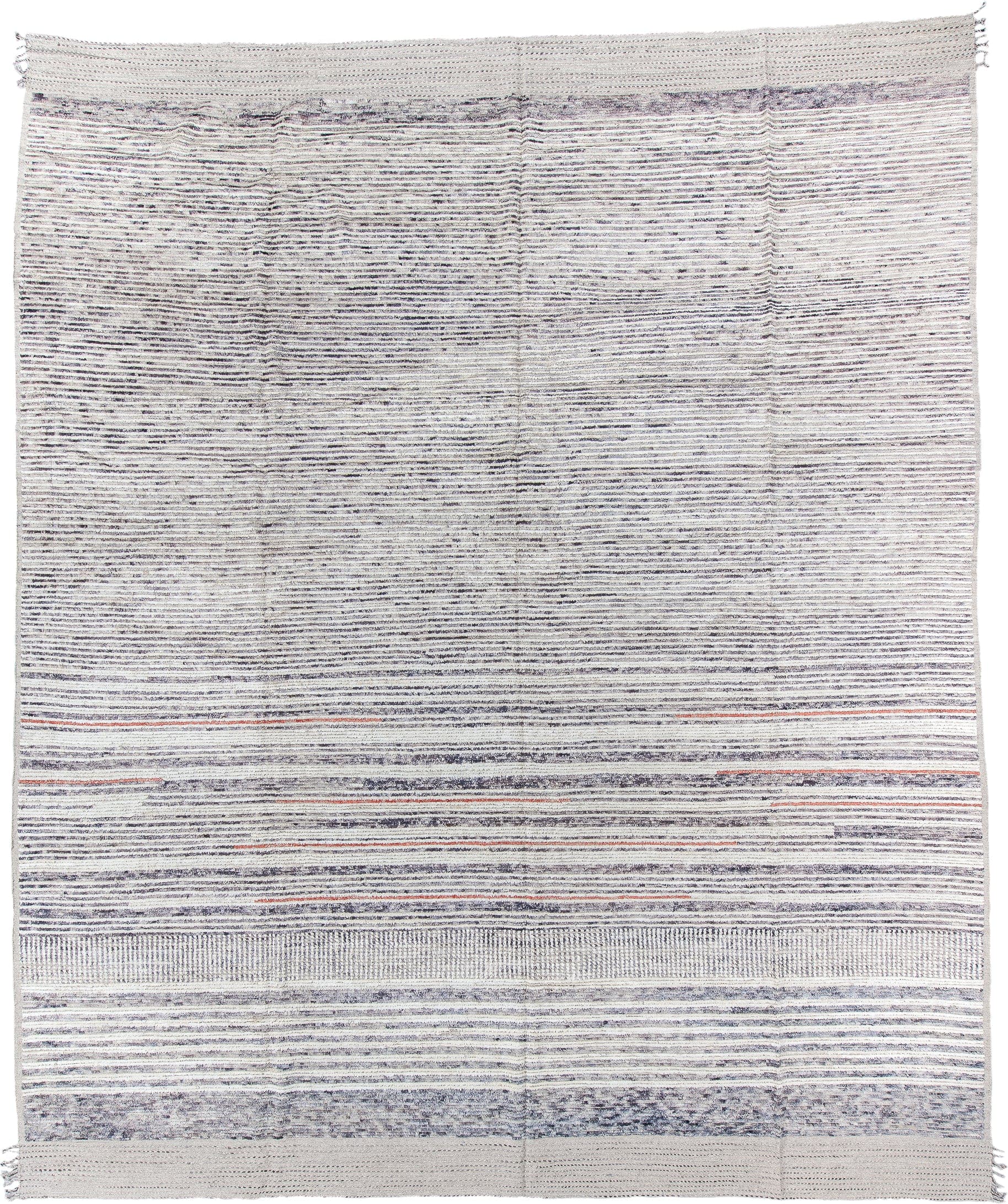 12' x 15' one-of-a-kind handmade vintage Tulu oversize rug. Color palette: ivory, charcoal, slate, rust, taupe, gray, black