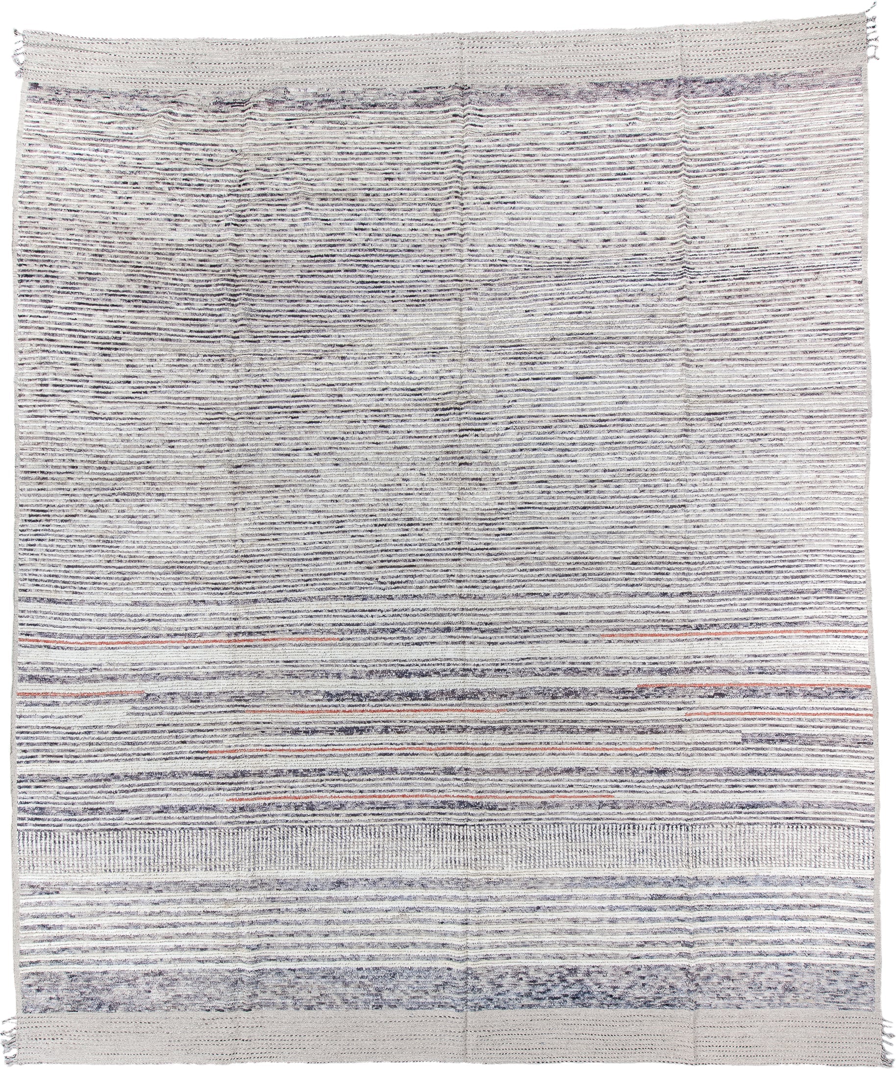 12' x 15' one-of-a-kind handmade vintage Tulu oversize rug. Color palette: ivory, charcoal, slate, rust, taupe, gray, black