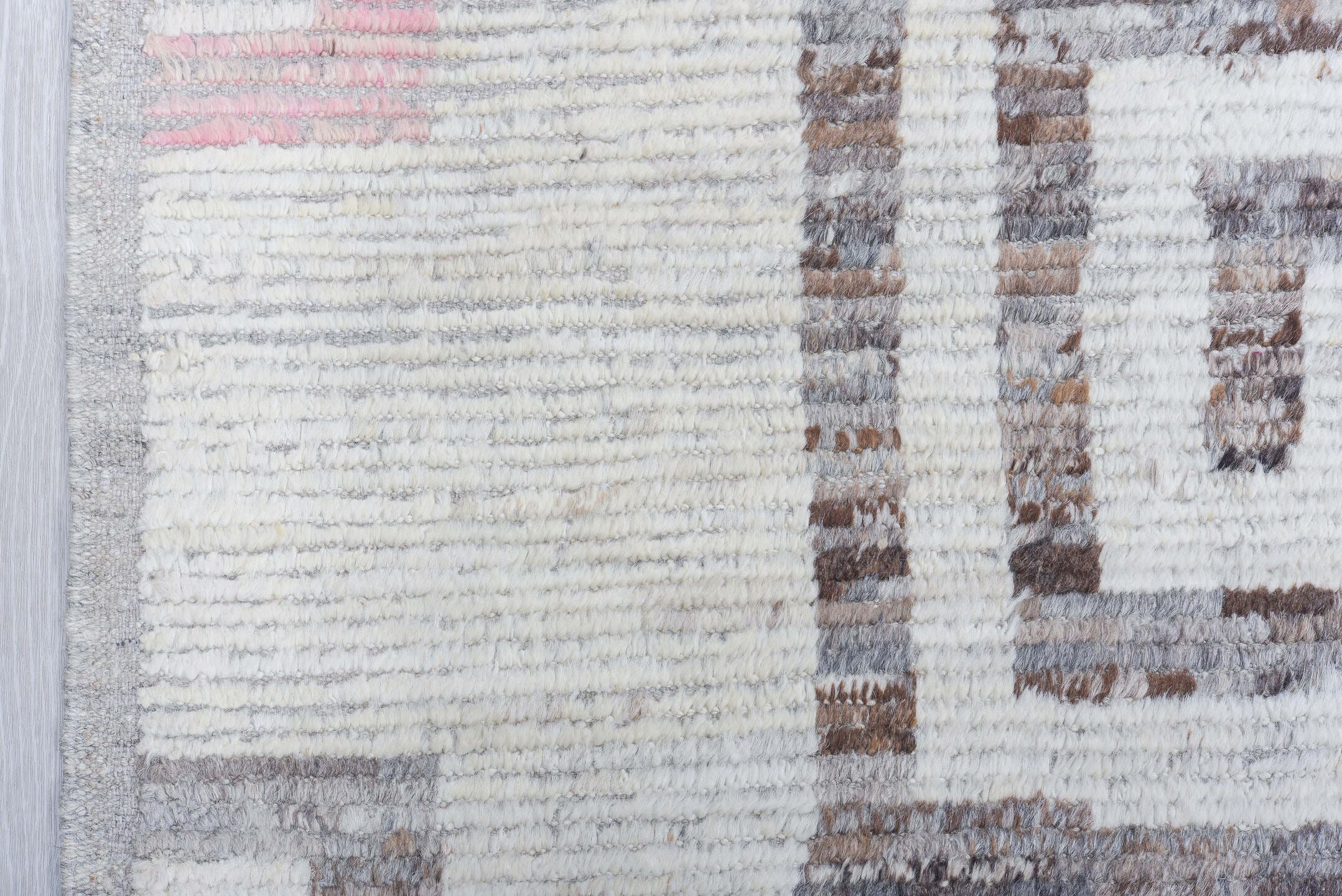 9' x 12' one-of-a-kind handmade vintage Tulu large size rug. Color palette: ivory, sky blue, blush, taupe, brown, gray