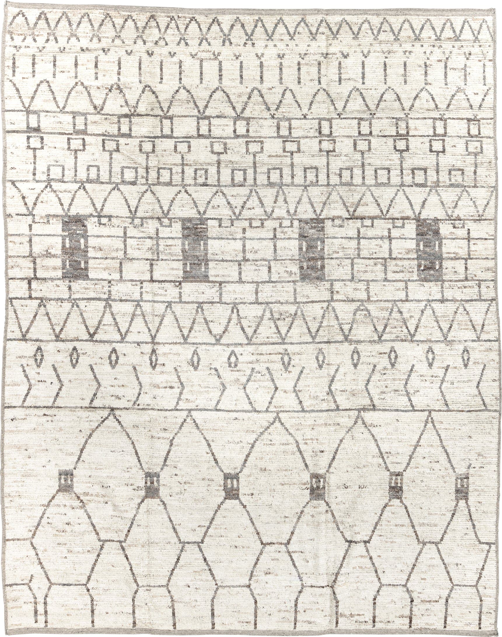 9' x 11' one-of-a-kind handmade vintage Tulu large size rug. Color palette: ivory, charcoal, taupe, cream, gray, black